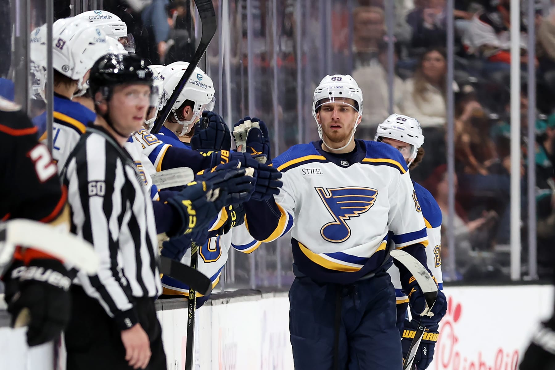 ANAHEIM, CALIFORNIA - APRIL 07: Pavel Buchnevich #89 of the St. Louis Blues is congratulated at the bench after scoring a goal during the second period of a game against the Anaheim Ducks at Honda Center on April 07, 2024 in Anaheim, California. (Photo by Sean M. Haffey/Getty Images)