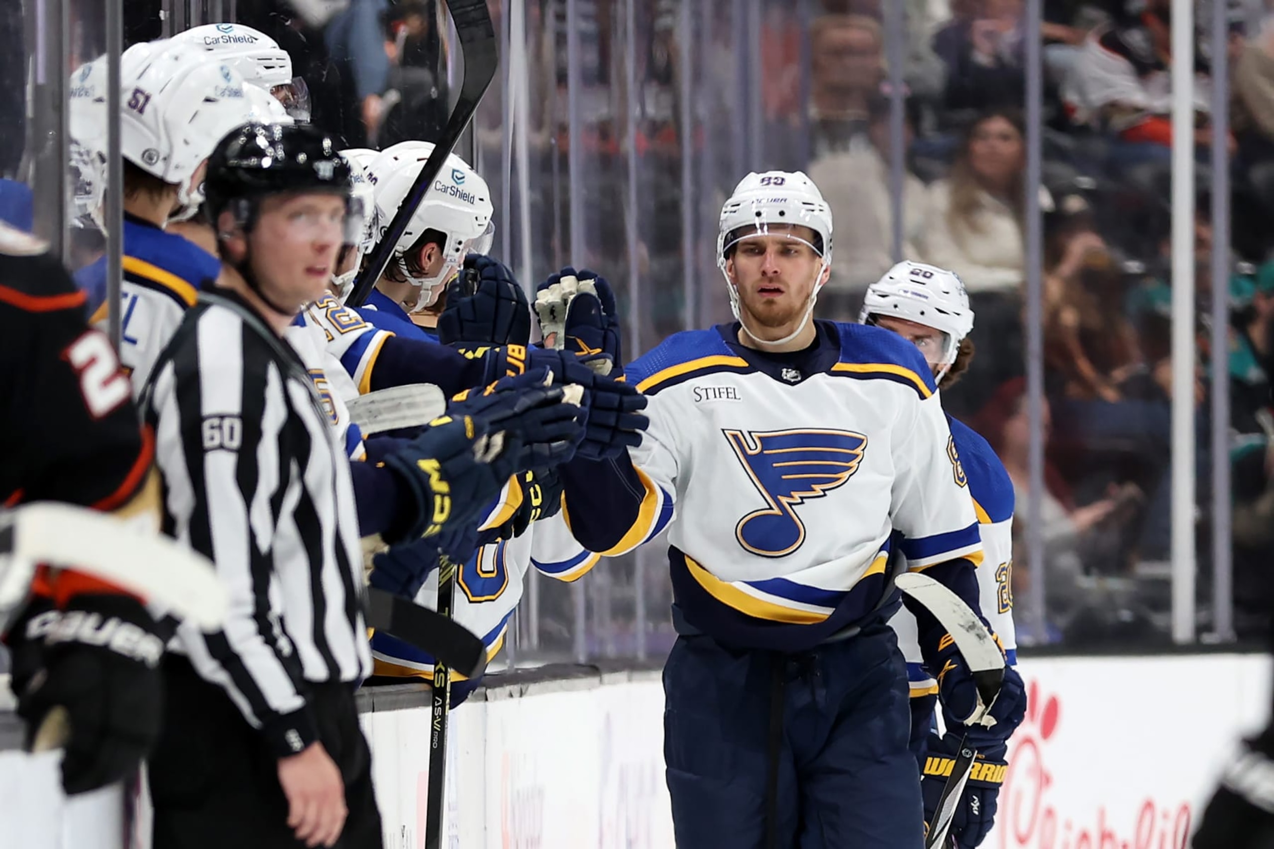 ANAHEIM, CALIFORNIA - APRIL 07: Pavel Buchnevich #89 of the St. Louis Blues is congratulated at the bench after scoring a goal during the second period of a game against the Anaheim Ducks at Honda Center on April 07, 2024 in Anaheim, California. (Photo by Sean M. Haffey/Getty Images)