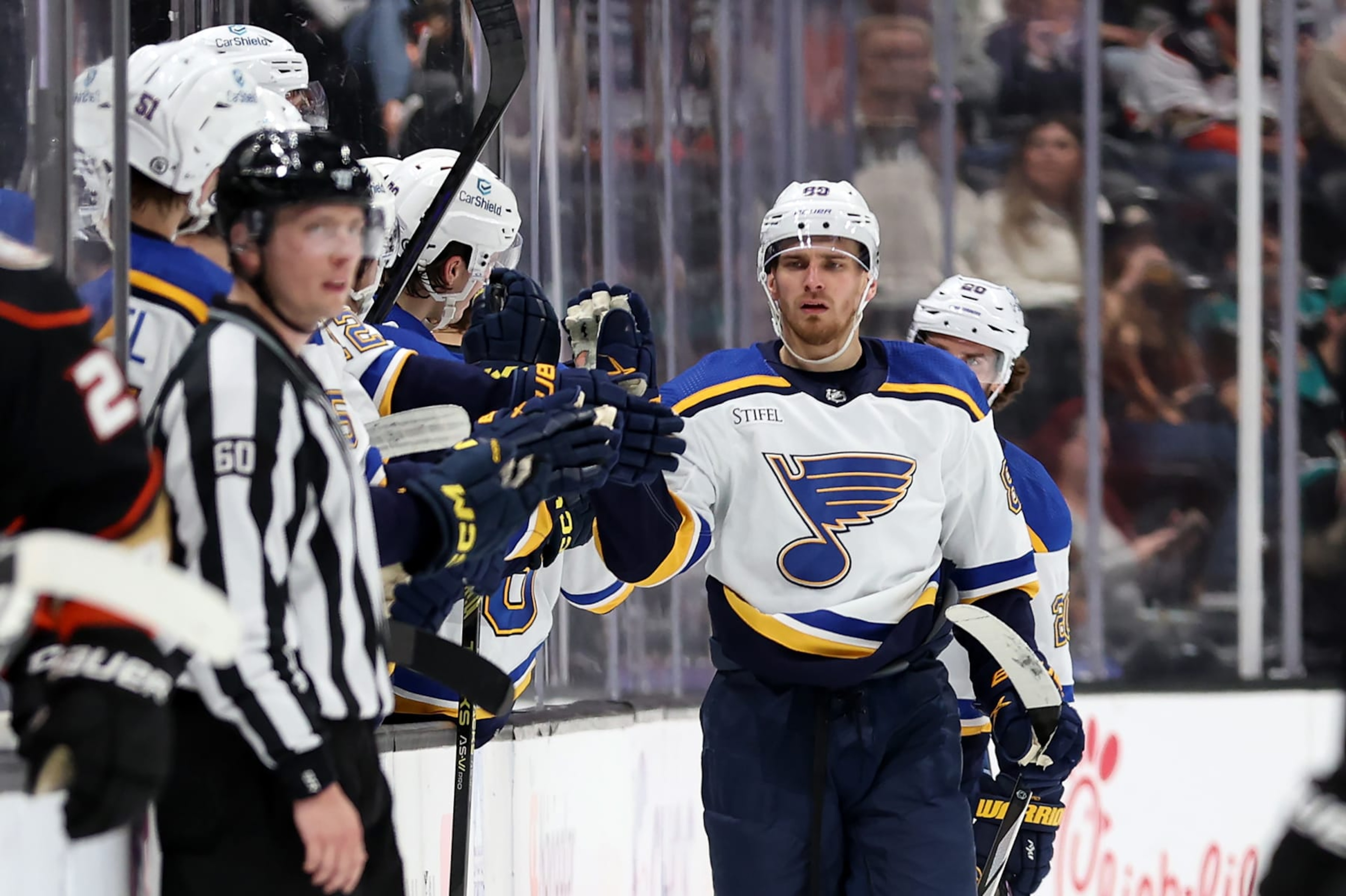 ANAHEIM, CALIFORNIA - APRIL 07: Pavel Buchnevich #89 of the St. Louis Blues is congratulated at the bench after scoring a goal during the second period of a game against the Anaheim Ducks at Honda Center on April 07, 2024 in Anaheim, California. (Photo by Sean M. Haffey/Getty Images) ANAHEIM, CALIFORNIA - APRIL 07: Pavel Buchnevich #89 of the St. Louis Blues is congratulated at the bench after scoring a goal during the second period of a game against the Anaheim Ducks at Honda Center on April 07, 2024 in Anaheim, California. (Photo by Sean M. Haffey/Getty Images)