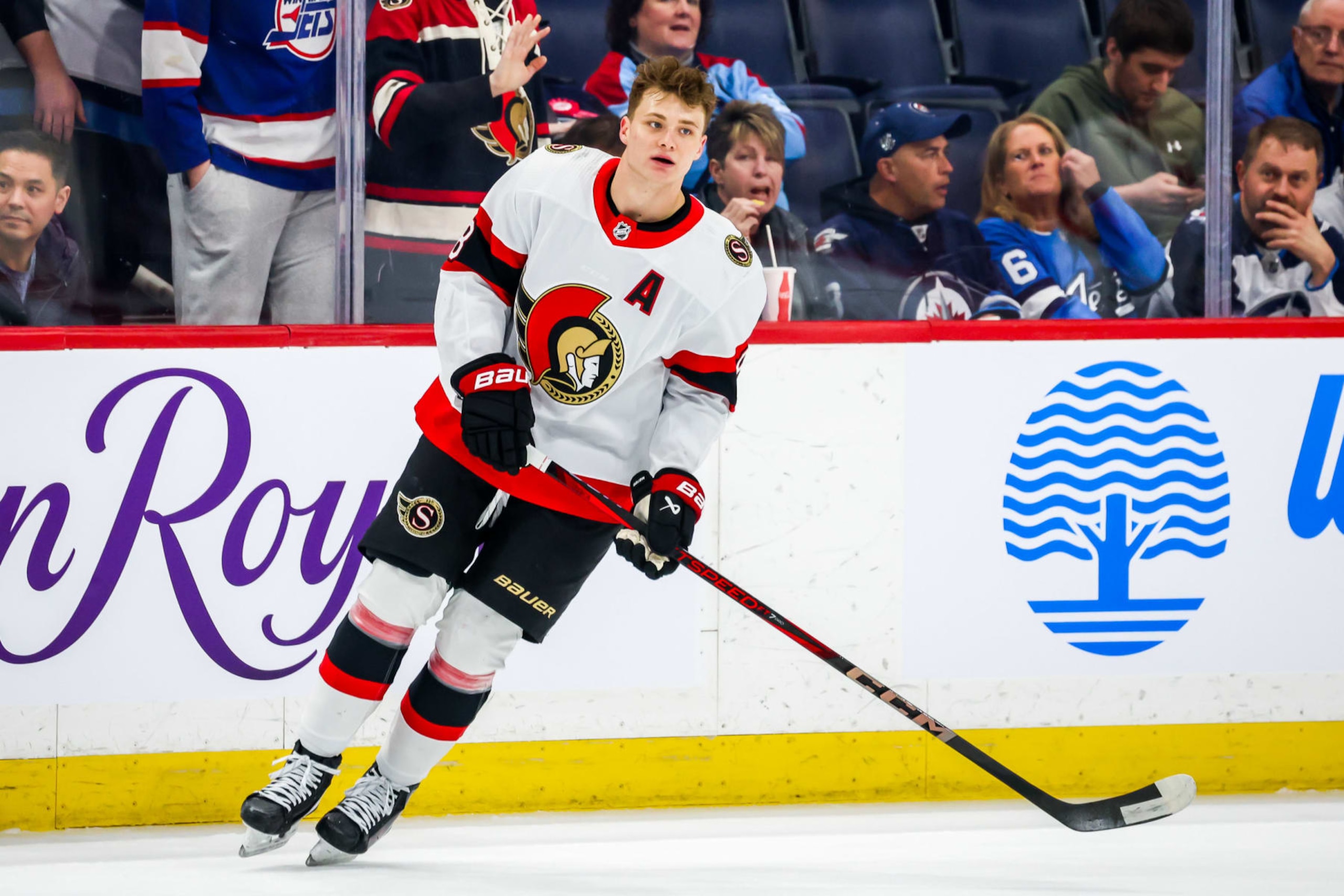 WINNIPEG, CANADA - MARCH 30: Tim Stutzle #18 of the Ottawa Senators takes part in the pre-game warm up prior to NHL action against the Winnipeg Jets at the Canada Life Centre on March 30, 2024 in Winnipeg, Manitoba, Canada. (Photo by Jonathan Kozub/NHLI via Getty Images)