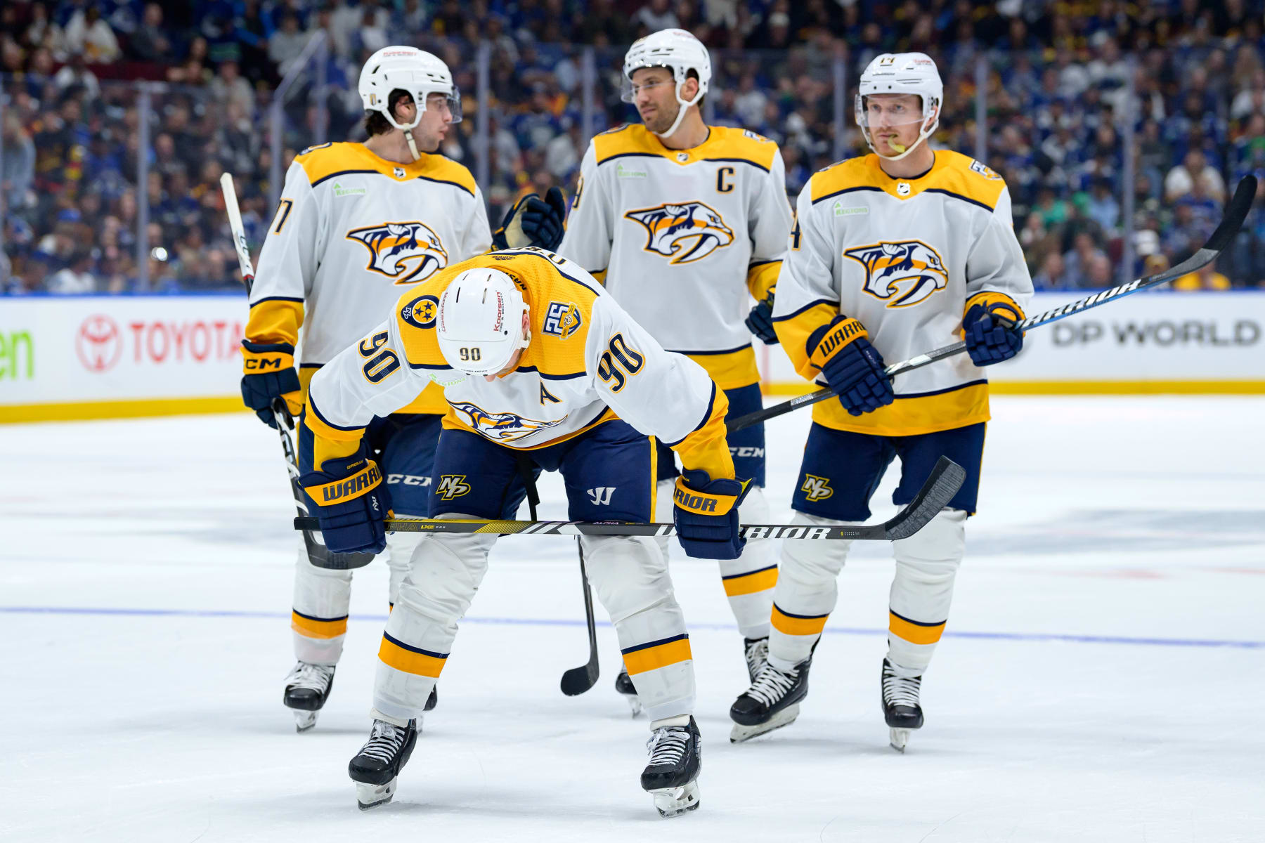 VANCOUVER, CANADA - APRIL 21: Ryan OReilly #90 Luke Evangelista #77 Roman Josi #59 and Gustav Nyquist #14 of the Nashville Predators wait for a face-off during the second period in Game One of the First Round of the 2024 Stanley Cup Playoffs against the Vancouver Canucks at Rogers Arena on April 21, 2024 in Vancouver, British Columbia, Canada. (Photo by Derek Cain/Getty Images)