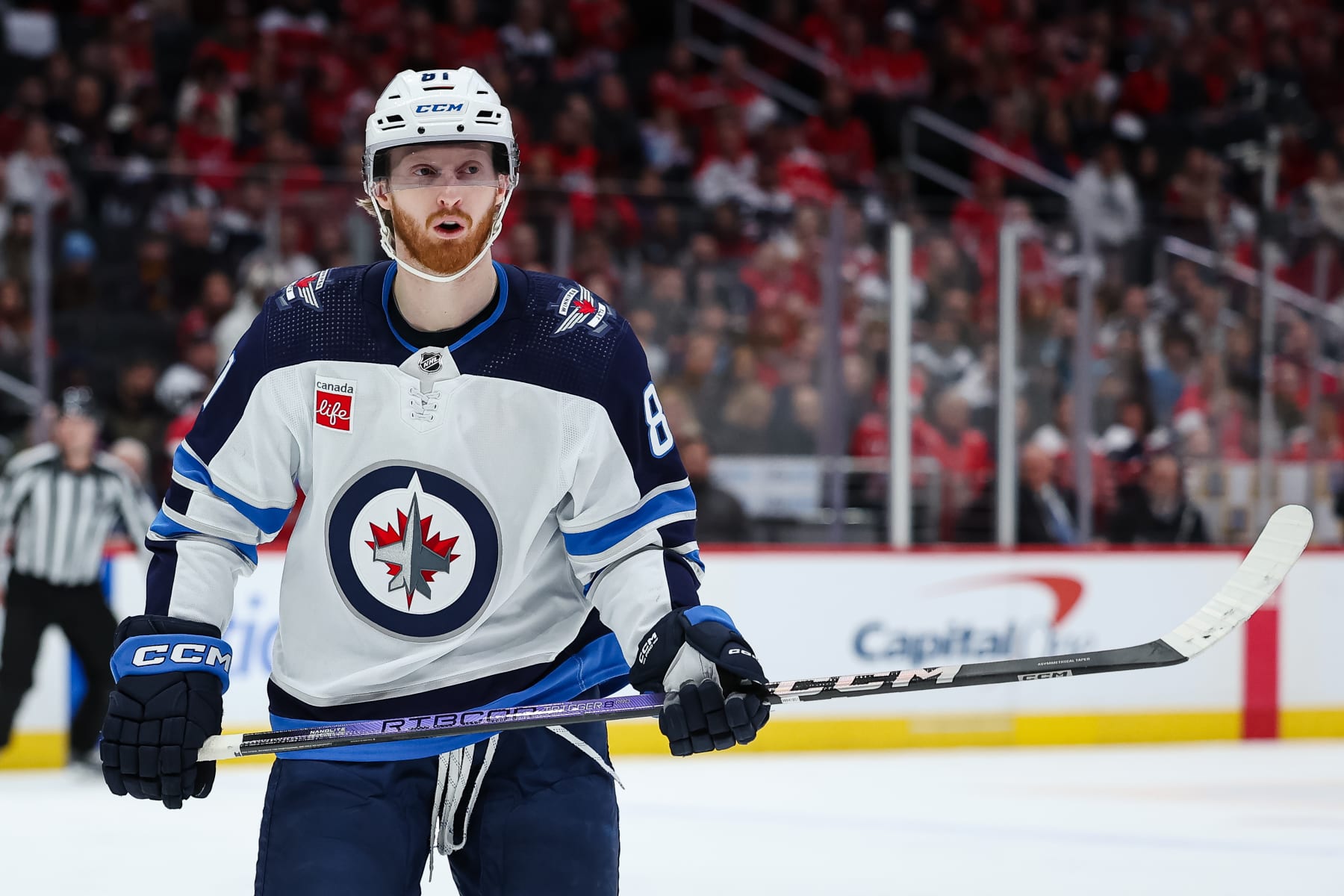 WASHINGTON, DC - MARCH 24: Kyle Connor #81 of the Winnipeg Jets reacts against the Washington Capitals during the third period of the game at Capital One Arena on March 24, 2024 in Washington, DC. (Photo by Scott Taetsch/Getty Images)