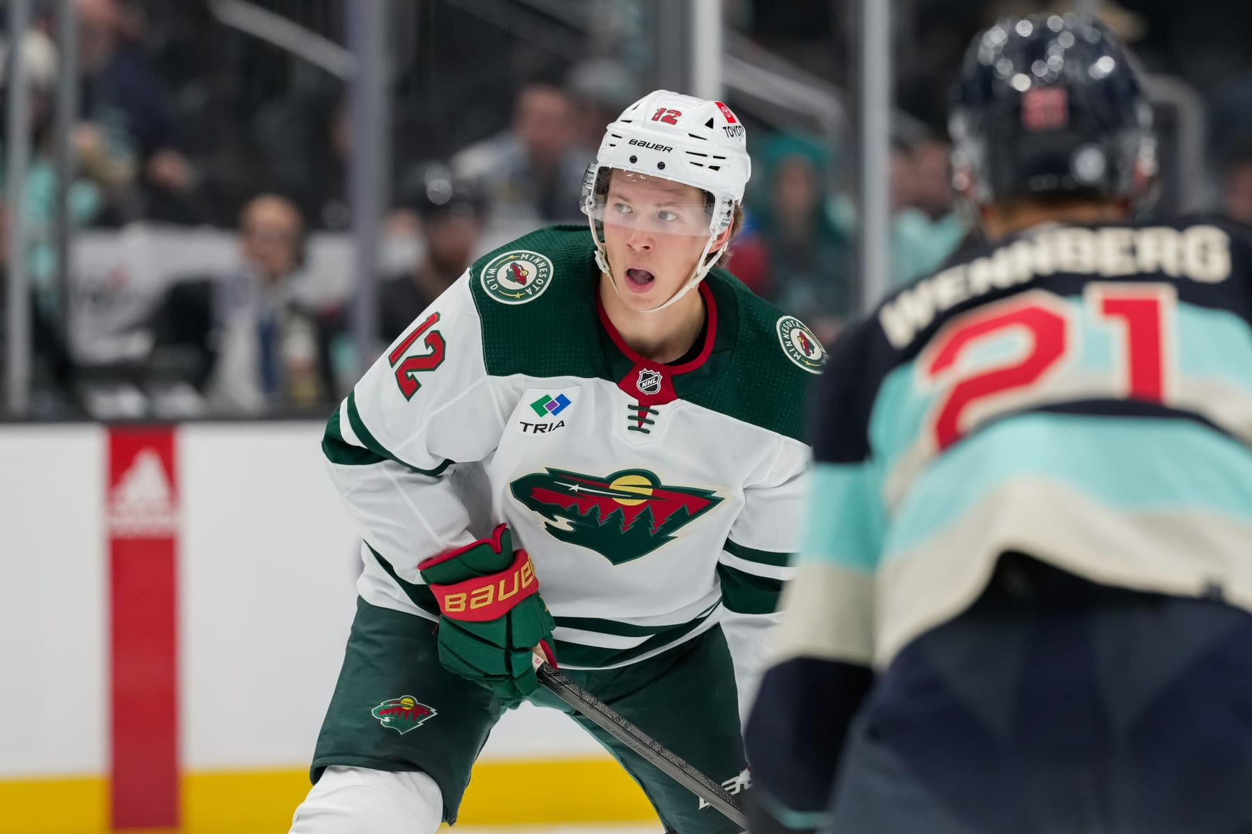 SEATTLE, WASHINGTON - FEBRUARY 24: Matt Boldy #12 of the Minnesota Wild looks on during the second period of a game against the Seattle Kraken at Climate Pledge Arena on February 24, 2024 in Seattle, Washington. (Photo by Christopher Mast/NHLI via Getty Images)