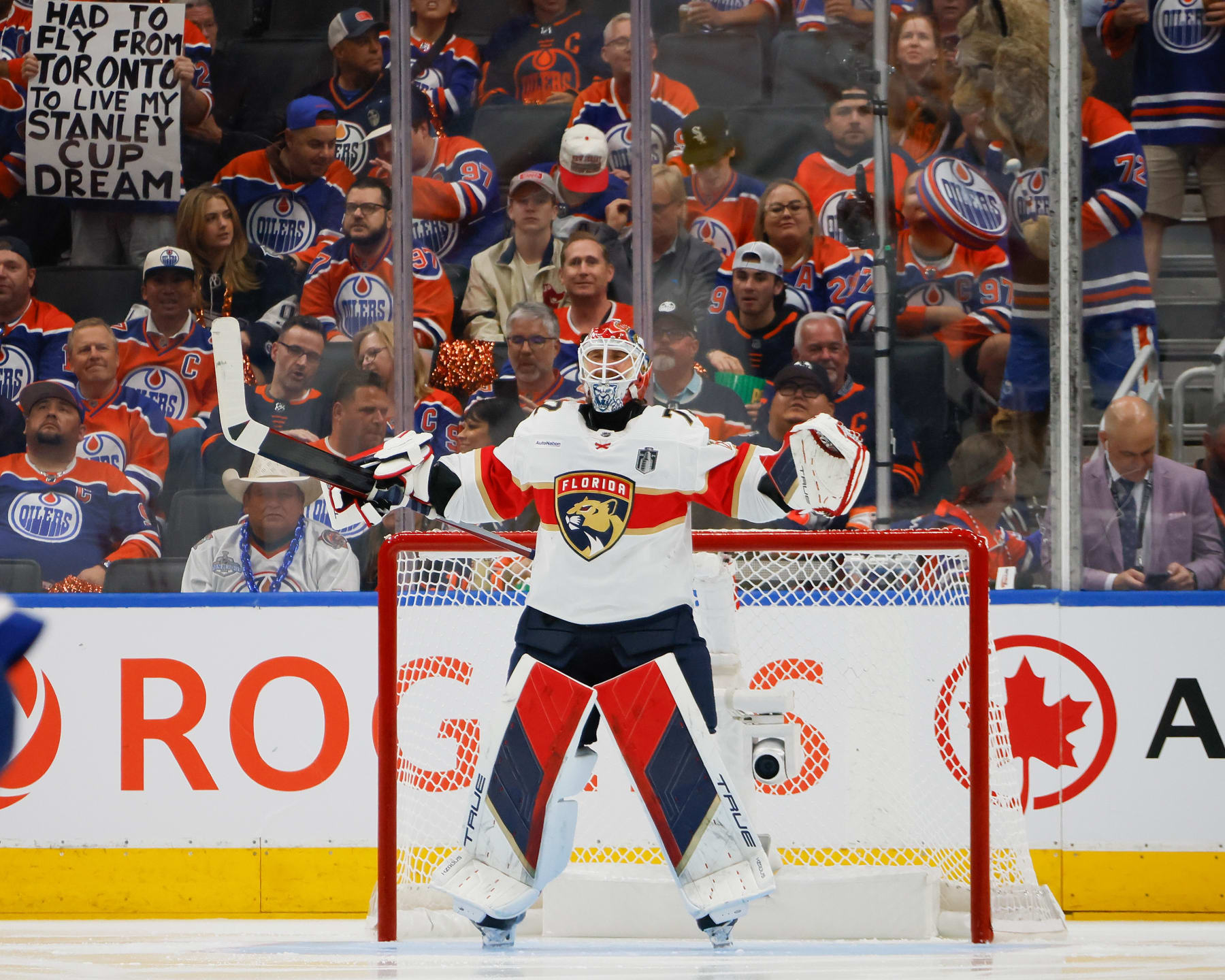 EDMONTON, ALBERTA - JUNE 21: Sergei Bobrovsky #72 of the Florida Panthers reacts after giving up a goal during the second period of Game Six of the 2024 Stanley Cup Final against the Edmonton Oilers at Rogers Place on June 21, 2024 in Edmonton, Alberta.  (Photo by Bruce Bennett/Getty Images)