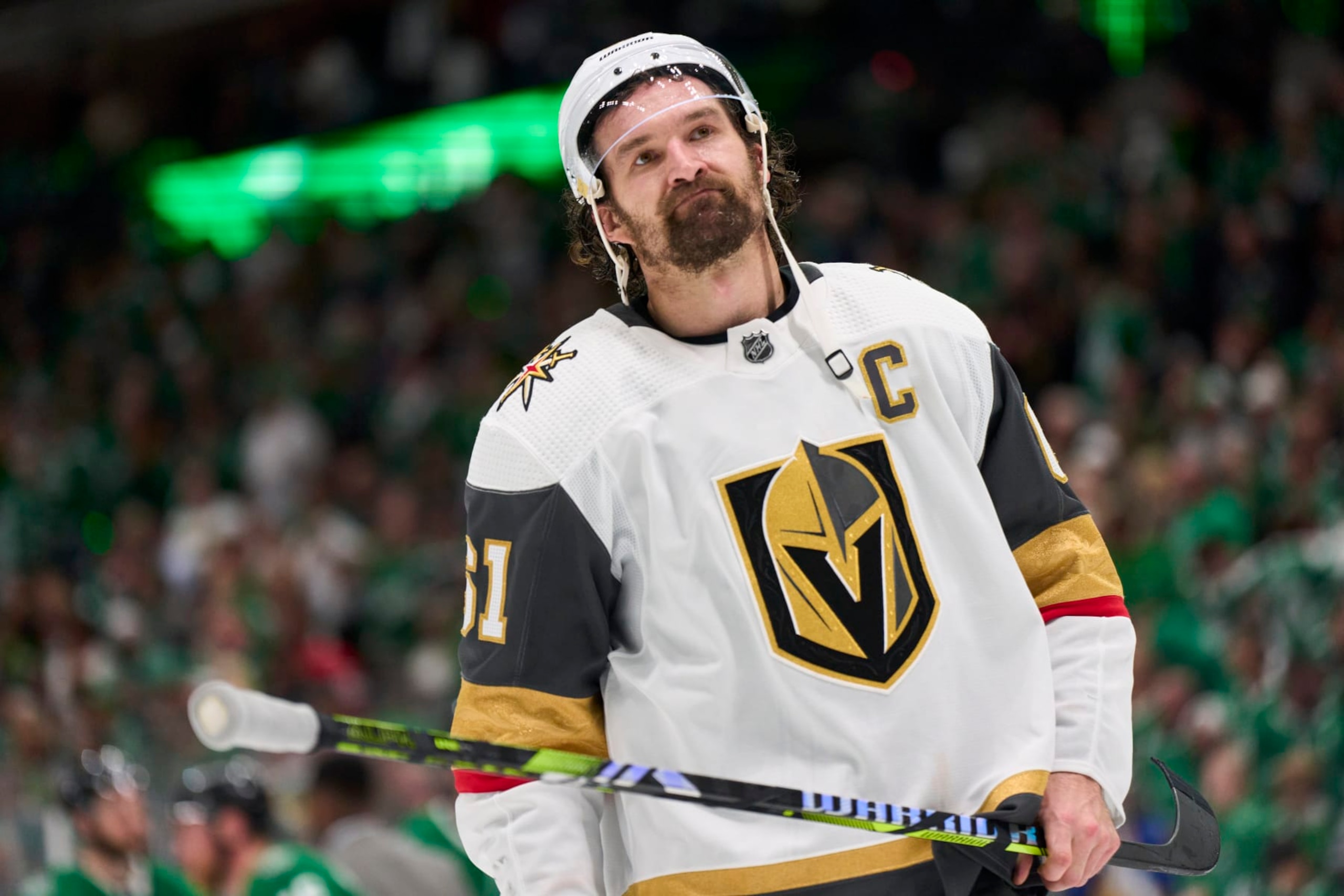 DALLAS, TEXAS - MAY 05: Mark Stone #61 of the Vegas Golden Knights skates off the ice after being defeated by the Dallas Stars in Game Seven of the First Round of the 2024 Stanley Cup Playoffs at the American Airlines Center on May 5, 2024 in Dallas, Texas.  (Photo by Cooper Neill/Getty Images)