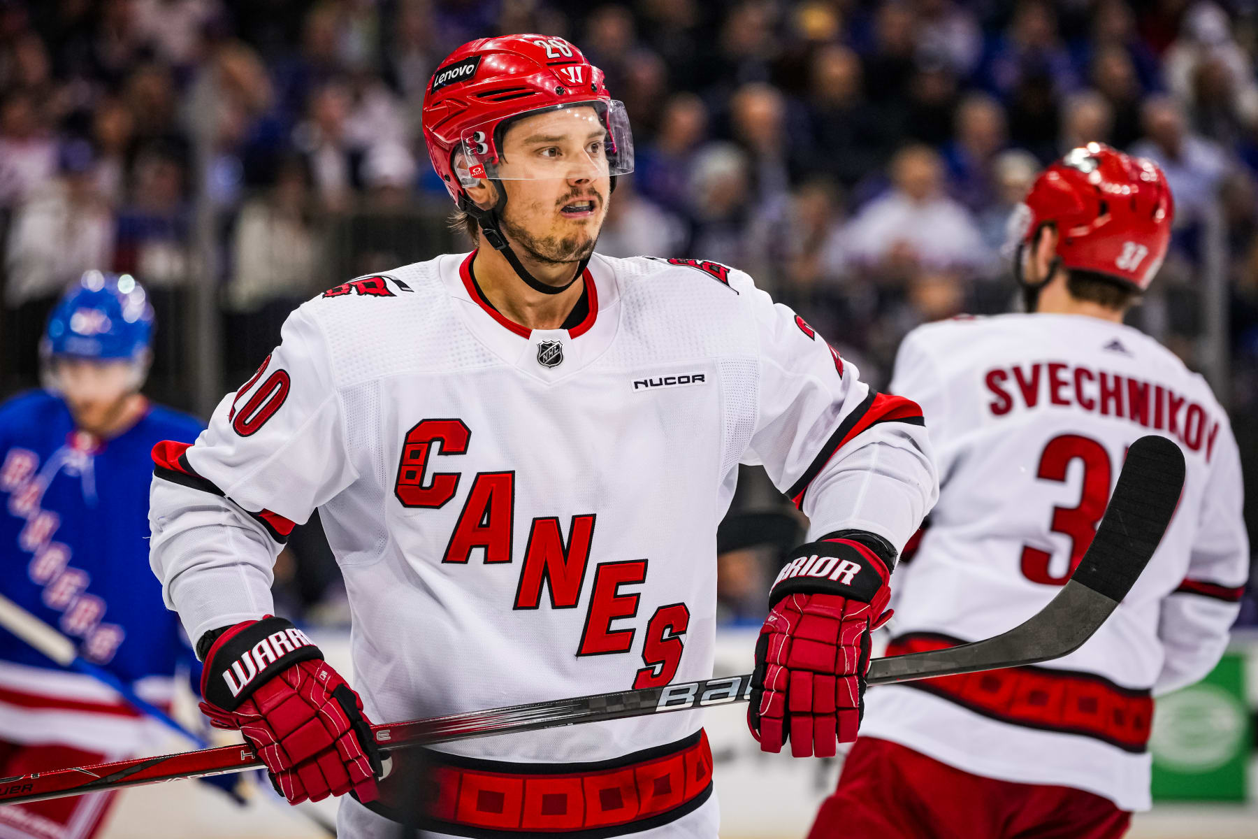 NEW YORK, NEW YORK- MAY 13: Sebastian Aho #20 of the Carolina Hurricanes reacts during the second period against the New York Rangers in Game Five of the Second Round of the 2024 Stanley Cup Playoffs at Madison Square Garden on May 13, 2024 in New York City.  (Photo by Josh Lavallee/NHLI via Getty Images)