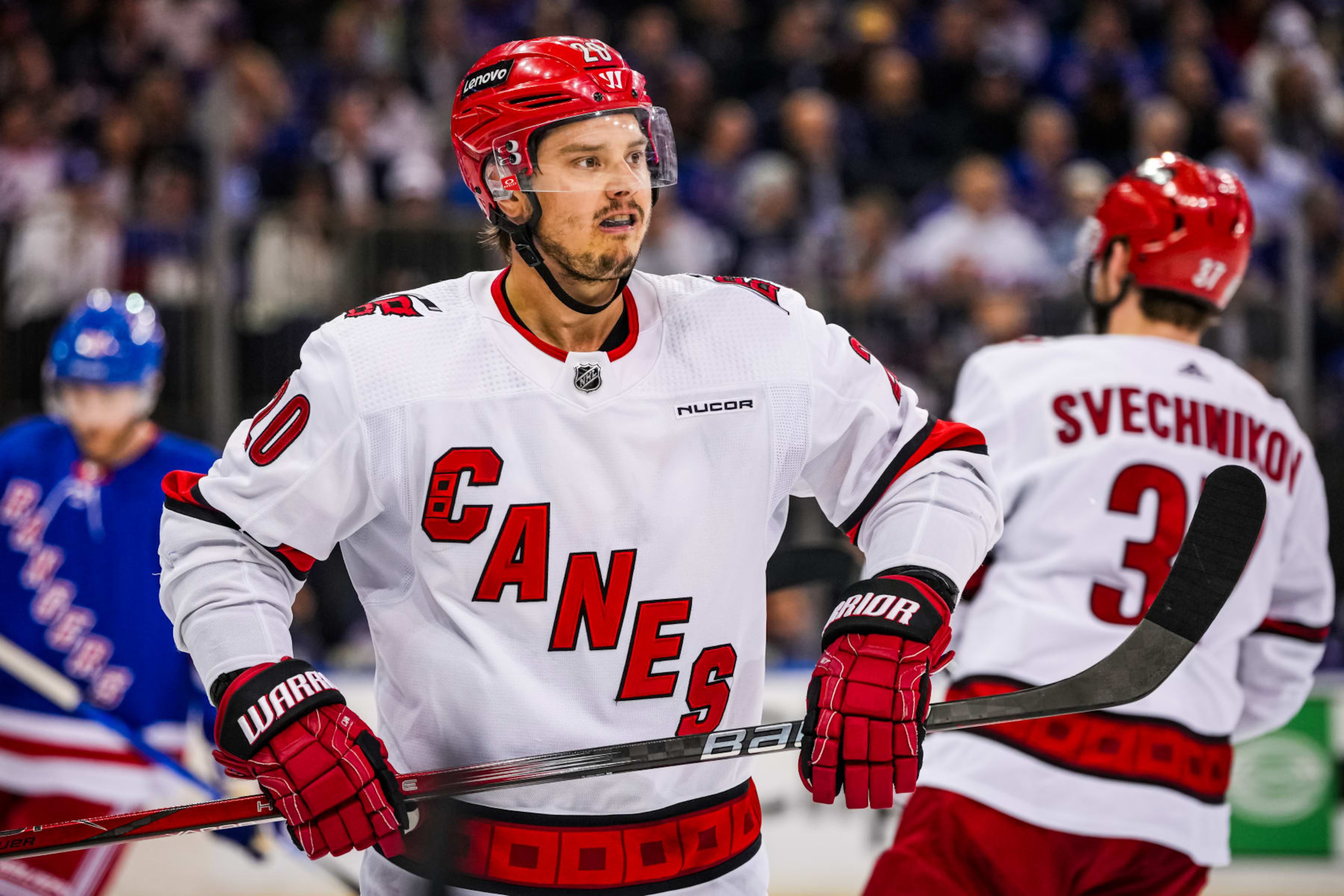 NEW YORK, NEW YORK- MAY 13: Sebastian Aho #20 of the Carolina Hurricanes reacts during the second period against the New York Rangers in Game Five of the Second Round of the 2024 Stanley Cup Playoffs at Madison Square Garden on May 13, 2024 in New York City. (Photo by Josh Lavallee/NHLI via Getty Images) NEW YORK, NEW YORK- MAY 13: Sebastian Aho #20 of the Carolina Hurricanes reacts during the second period against the New York Rangers in Game Five of the Second Round of the 2024 Stanley Cup Playoffs at Madison Square Garden on May 13, 2024 in New York City. (Photo by Josh Lavallee/NHLI via Getty Images)