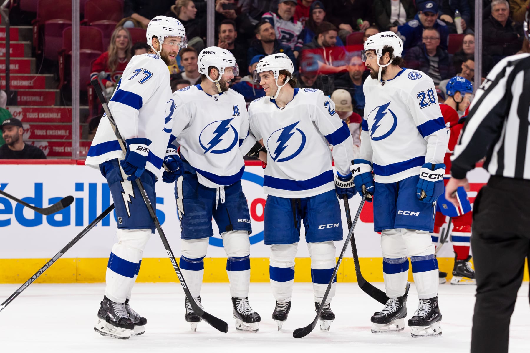 MONTREAL, CANADA - APRIL 4: The Tampa Bay Lightning celebrate after scoring a goal during the second period of the NHL regular season game between the Montreal Canadiens and the Tampa Bay Lightning at the Bell Centre on April 4, 2024 in Montreal, Quebec, Canada. (Photo by Vitor Munhoz/NHLI via Getty Images)
