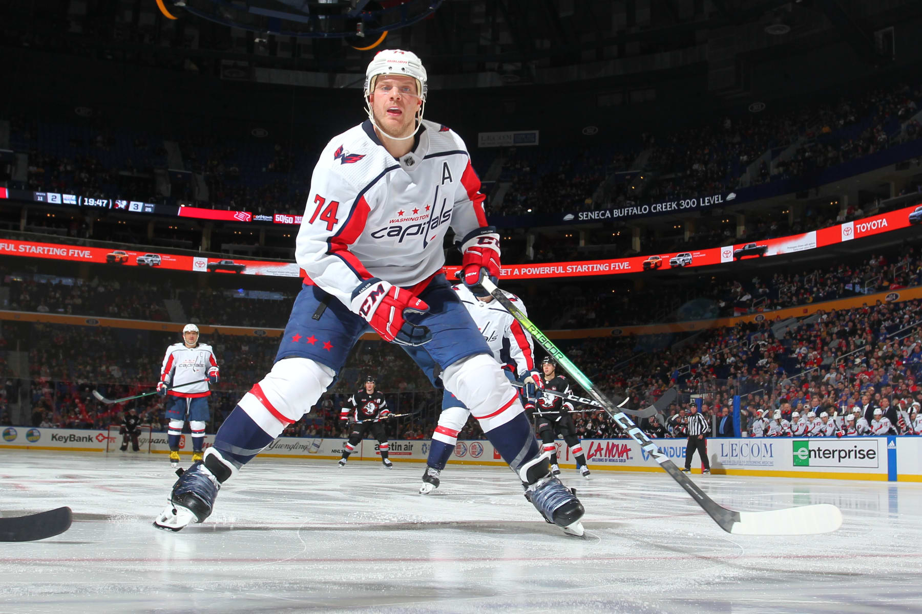 BUFFALO, NEW YORK - APRIL 2: John Carlson #74 of the Washington Capitals skates against the Buffalo Sabres during an NHL game on April 2, 2024 at KeyBank Center in Buffalo, New York. Buffalo won, 6-2. (Photo by Bill Wippert/NHLI via Getty Images)