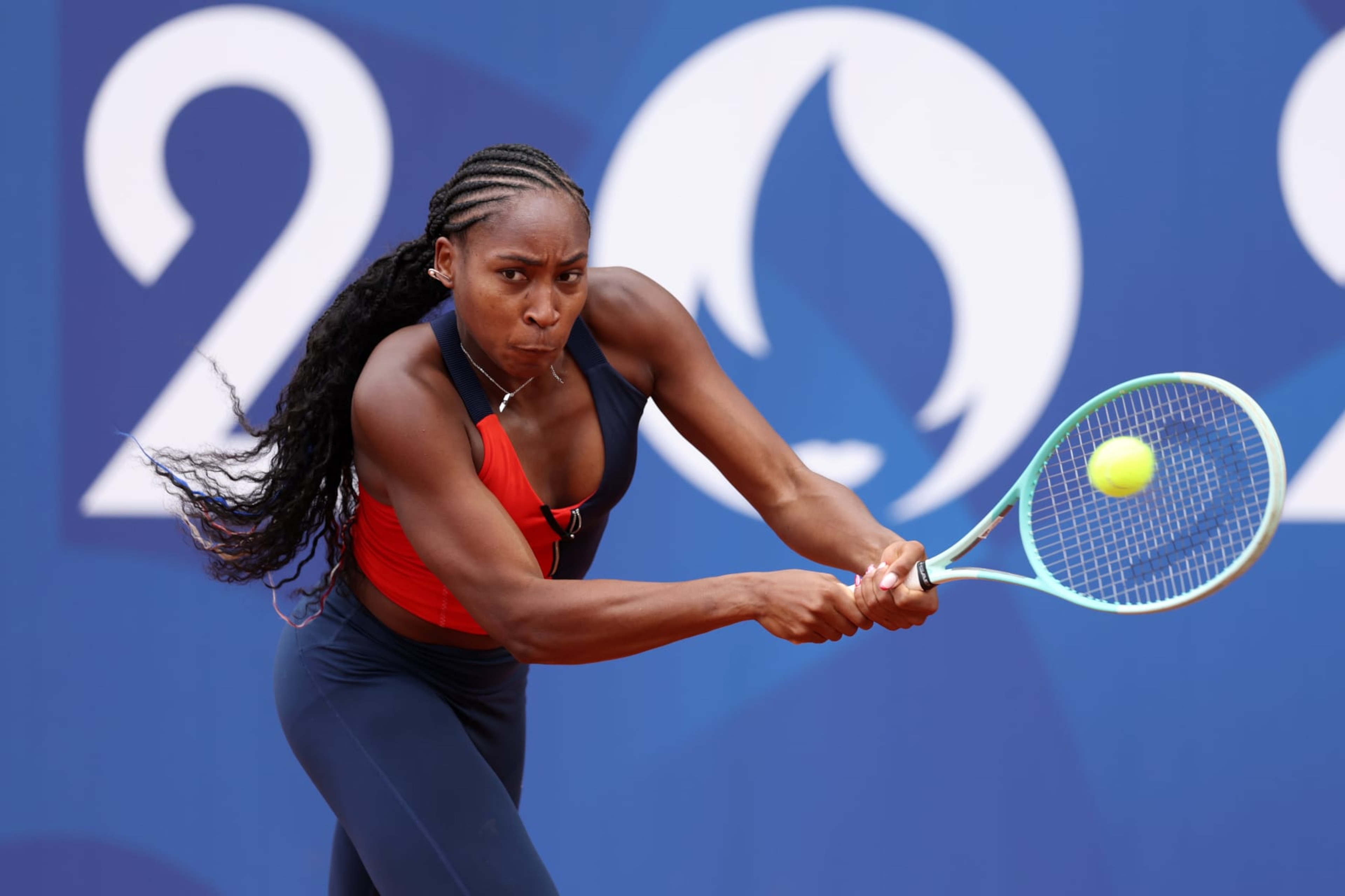 PARIS, FRANCE - JULY 24: Coco Gauff of Team USA trains during the Tennis training session ahead of the Paris 2024 Olympic Games at Roland Garros on July 24, 2024 in Paris, France. (Photo by Clive Brunskill/Getty Images) PARIS, FRANCE - JULY 24: Coco Gauff of Team USA trains during the Tennis training session ahead of the Paris 2024 Olympic Games at Roland Garros on July 24, 2024 in Paris, France. (Photo by Clive Brunskill/Getty Images)