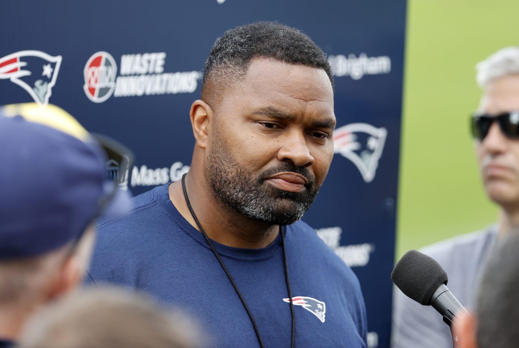 FOXBOROUGH, MA - JUNE 12: New England Patriots head coach Jerod Mayo thinks about a question during New England Patriots Minicamp on June 12, 2024, at The Patriots practice facility at Gillette Stadium in Foxborough, Massachusetts. (Photo by Fred Kfoury III/Icon Sportswire via Getty Images)