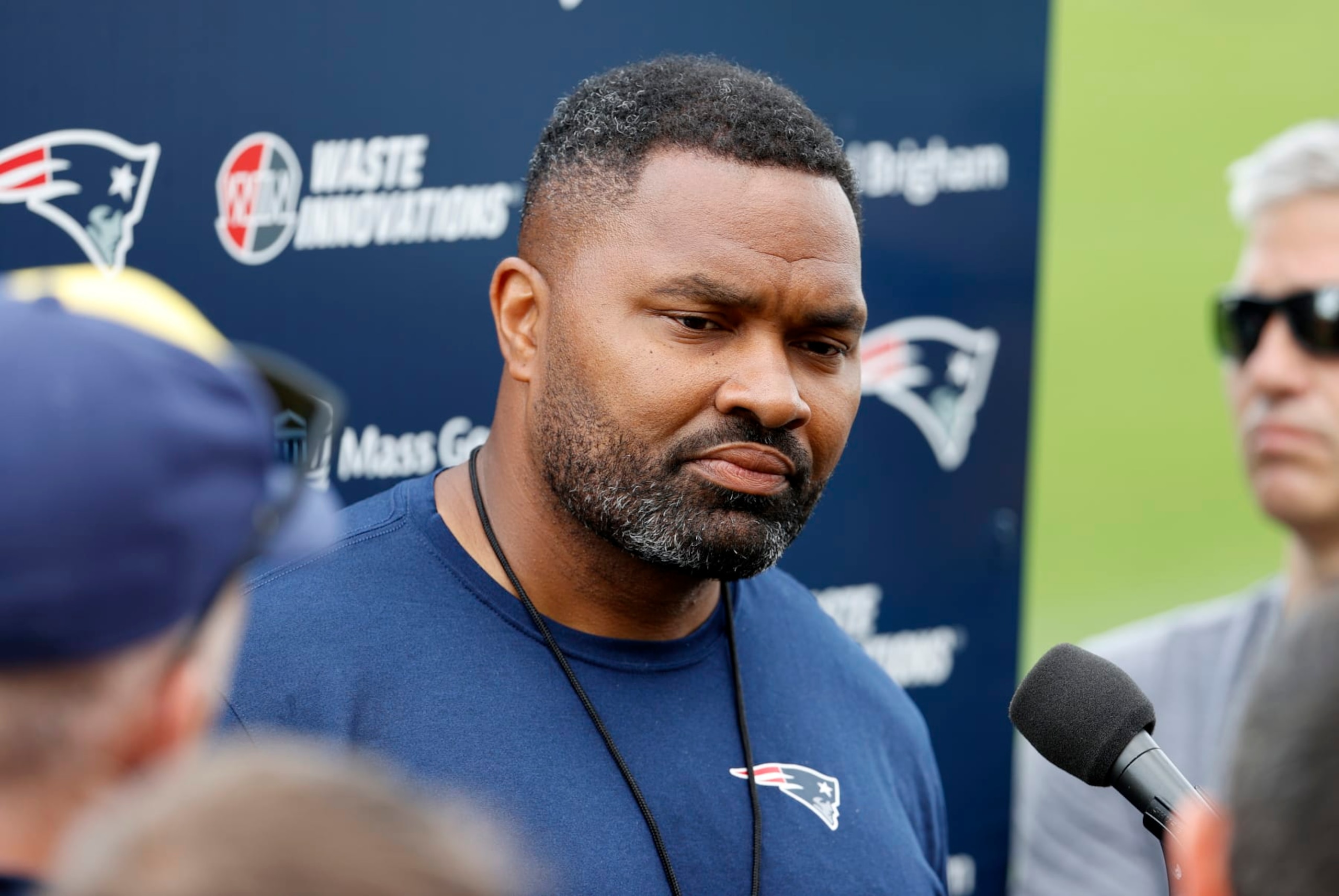 FOXBOROUGH, MA - JUNE 12: New England Patriots head coach Jerod Mayo thinks about a question during New England Patriots Minicamp on June 12, 2024, at The Patriots practice facility at Gillette Stadium in Foxborough, Massachusetts. (Photo by Fred Kfoury III/Icon Sportswire via Getty Images)