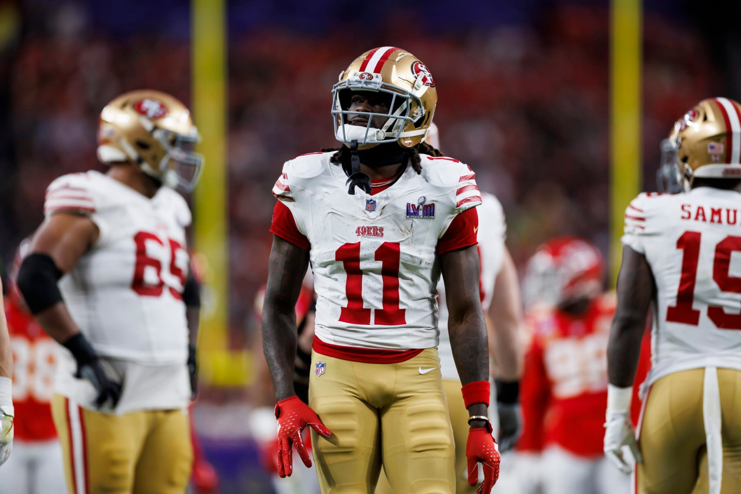 LAS VEGAS, NEVADA - FEBRUARY 11: Brandon Aiyuk #11 of the San Francisco 49ers looks on during Super Bowl LVIII against the Kansas City Chiefs at Allegiant Stadium on February 11, 2024 in Las Vegas, Nevada. (Photo by Ryan Kang/Getty Images)