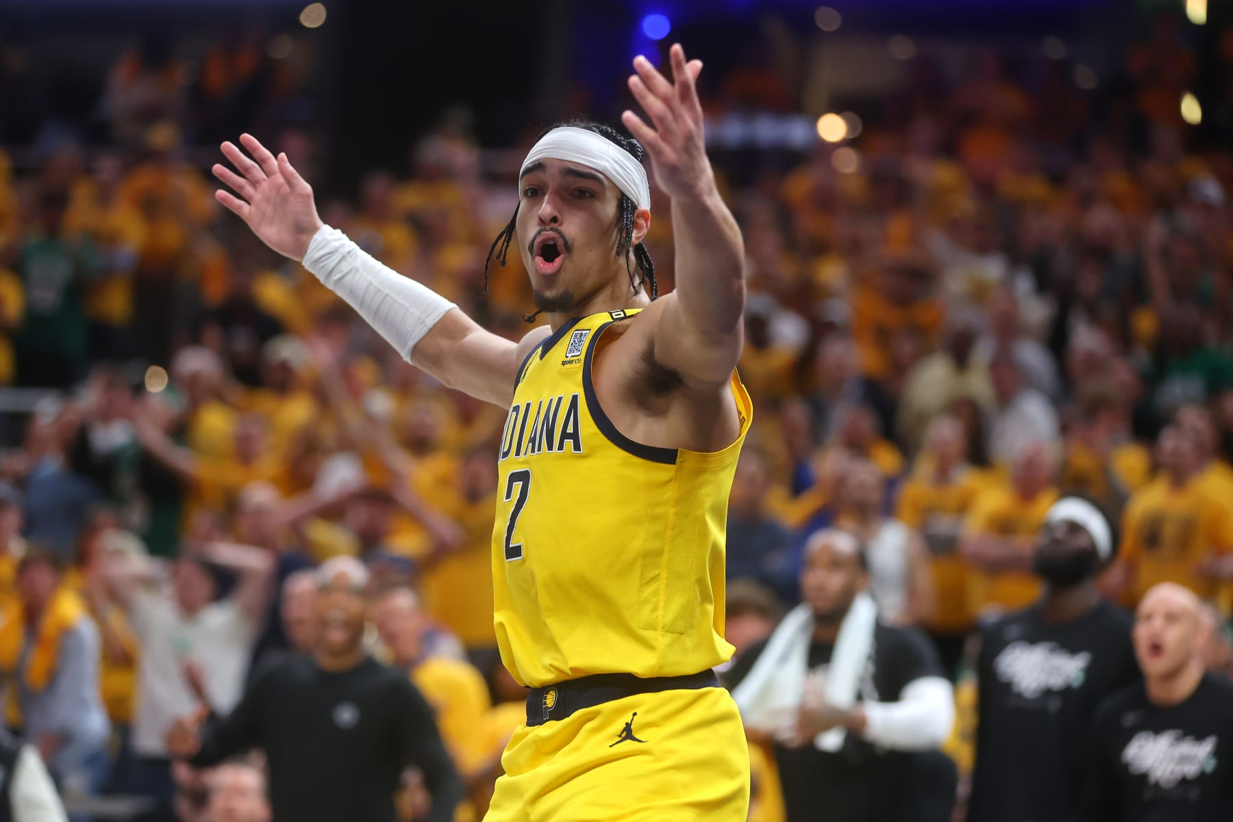 INDIANAPOLIS, INDIANA - MAY 25: Andrew Nembhard #2 of the Indiana Pacers reacts to a foul against the Boston Celtics during the fourth quarter in Game Three of the Eastern Conference Finals at Gainbridge Fieldhouse on May 25, 2024 in Indianapolis, Indiana. NOTE TO USER: User expressly acknowledges and agrees that, by downloading and or using this photograph, User is consenting to the terms and conditions of the Getty Images License Agreement. (Photo by Stacy Revere/Getty Images)