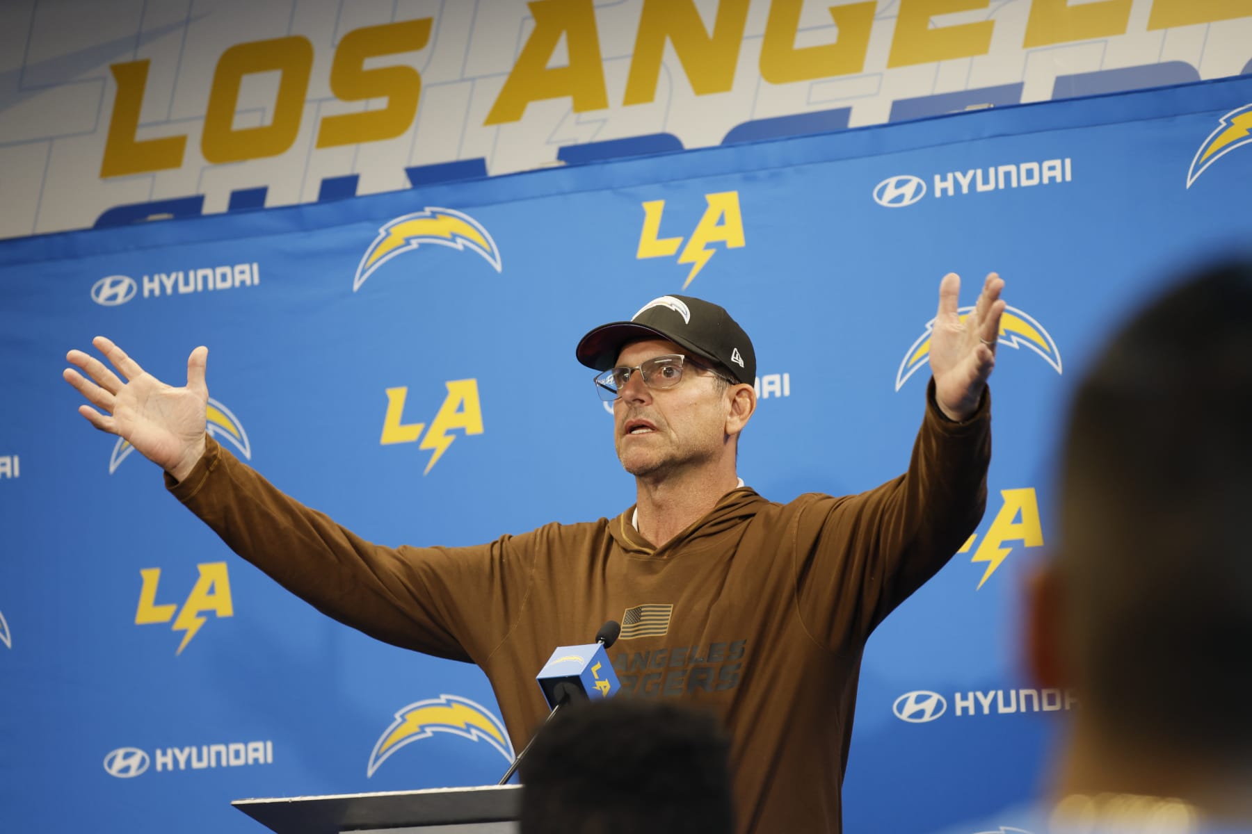 Costa Mesa, CA - June 13: Chargers Head Coach Jim Harbaugh speaks during a press conference at the Chargers mini camp at Hoag Performance Center in Costa Mesa Thursday, June 13, 2024. (Allen J. Schaben / Los Angeles Times via Getty Images)