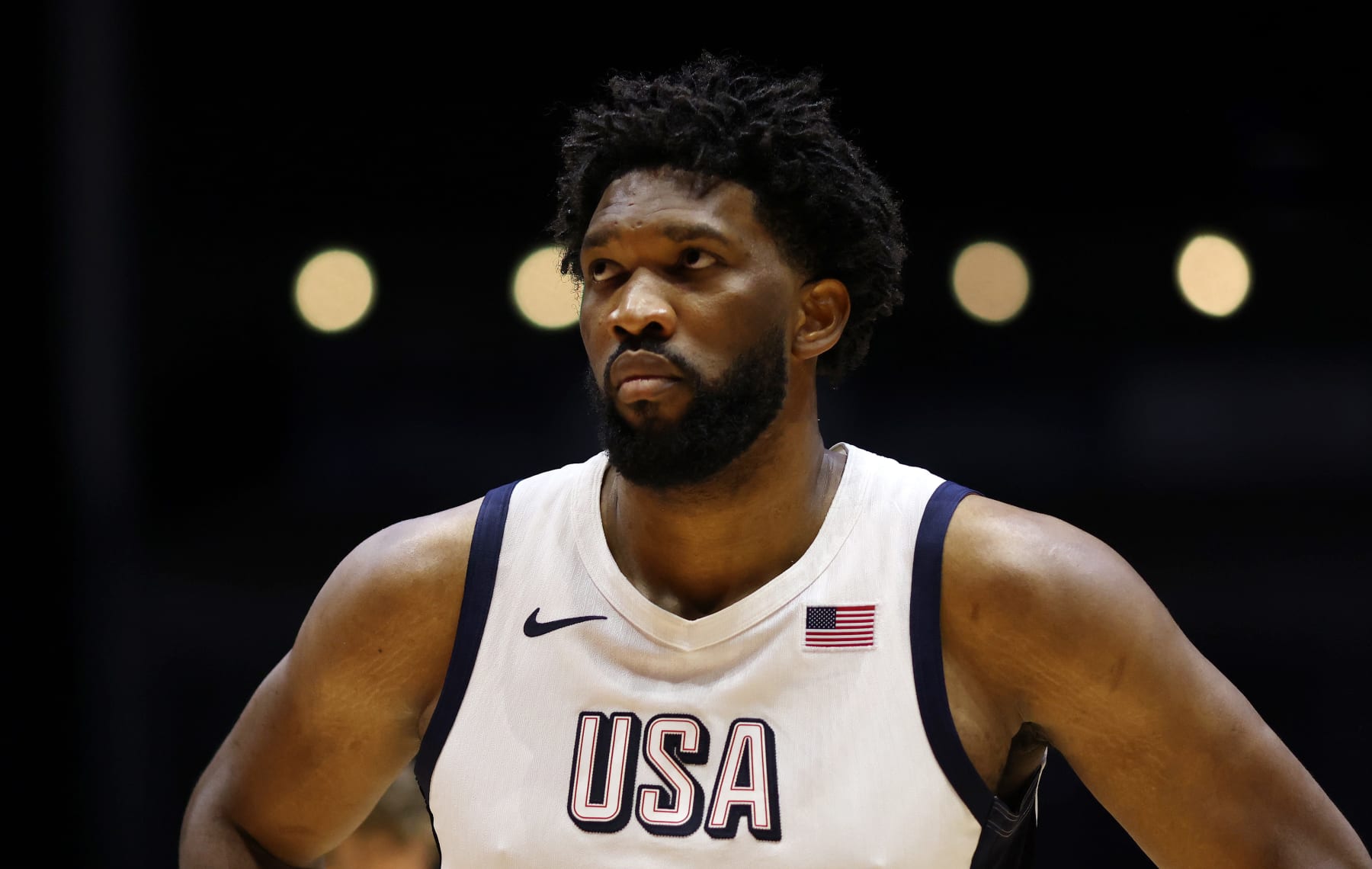 LONDON, ENGLAND - JULY 22: Joel Embiid of The United States looks on during the 2024 USA Basketball Showcase match between USA and Germany at The O2 Arena on July 22, 2024 in London, England. (Photo by Paul Harding/Getty Images)