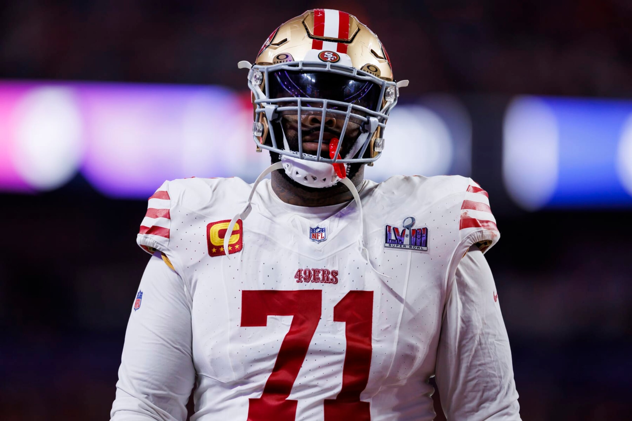 LAS VEGAS, NEVADA - FEBRUARY 11: Trent Williams #71 of the San Francisco 49ers walks off the field during Super Bowl LVIII against the Kansas City Chiefs at Allegiant Stadium on February 11, 2024 in Las Vegas, Nevada. (Photo by Ryan Kang/Getty Images)