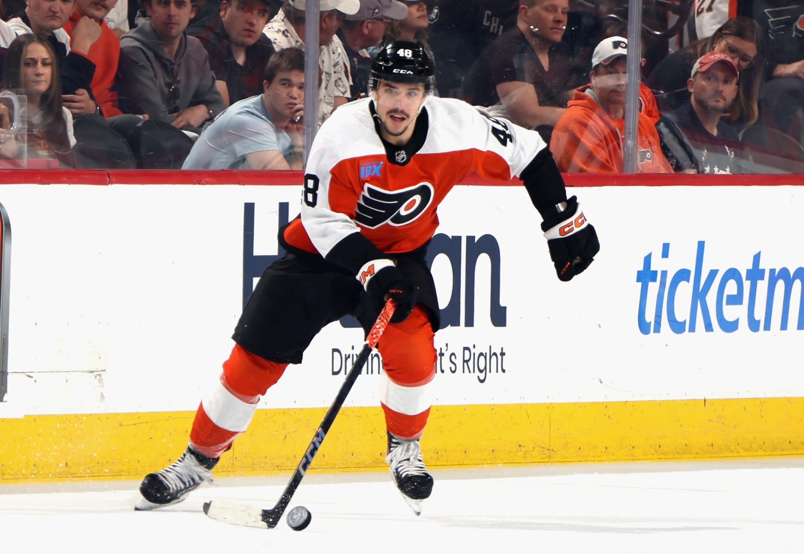 PHILADELPHIA, PENNSYLVANIA - APRIL 16: Morgan Frost #48 of the Philadelphia Flyers skates against the Washington Capitals at the Wells Fargo Center on April 16, 2024 in Philadelphia, Pennsylvania. (Photo by Bruce Bennett/Getty Images)