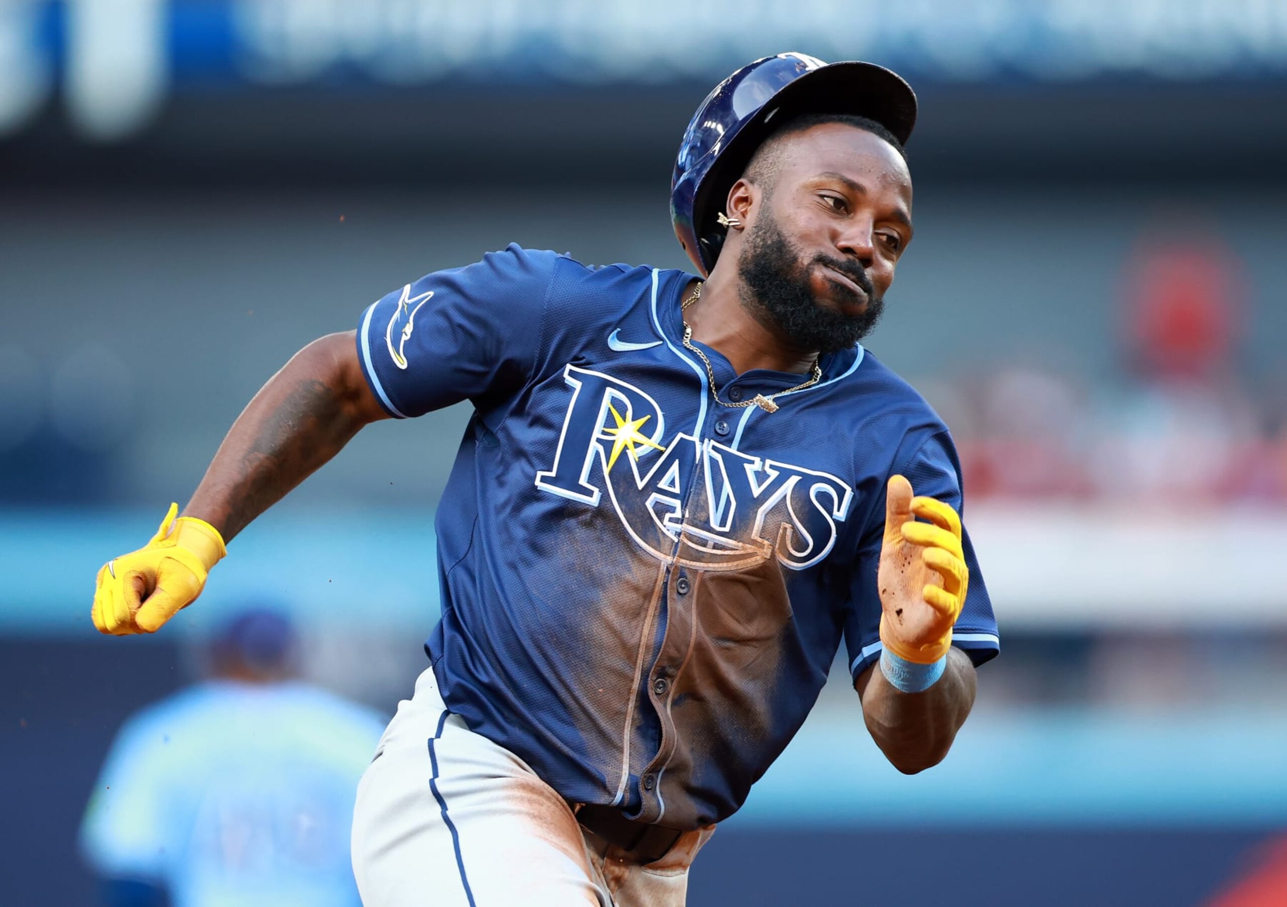 TORONTO, ON - JUNE 23: Randy Arozarena #56 of the Tampa Bay Rays rounds third base to score a run on a single by Josh Lowe #15 in the first inning during a game against the Toronto Blue Jays at Rogers Centre on June 23, 2024 in Toronto, Ontario, Canada. (Photo by Vaughn Ridley/Getty Images) TORONTO, ON - JUNE 23: Randy Arozarena #56 of the Tampa Bay Rays rounds third base to score a run on a single by Josh Lowe #15 in the first inning during a game against the Toronto Blue Jays at Rogers Centre on June 23, 2024 in Toronto, Ontario, Canada. (Photo by Vaughn Ridley/Getty Images)