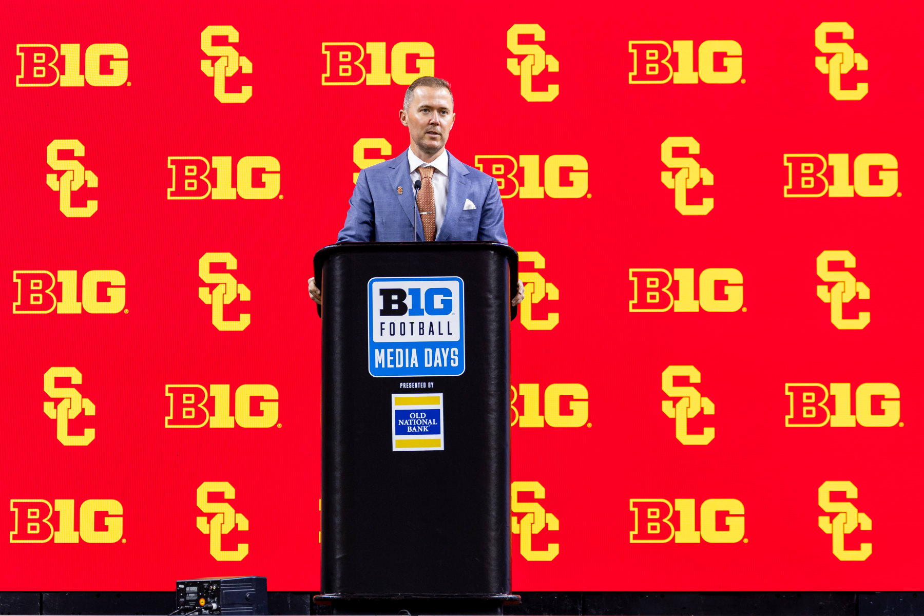 INDIANAPOLIS, INDIANA - JULY 24: Head coach Lincoln Riley of the USC Trojans speaks to the media during Big Ten football media days at Lucas Oil Stadium on July 24, 2024 in Indianapolis, Indiana. (Photo by Michael Hickey/Getty Images)