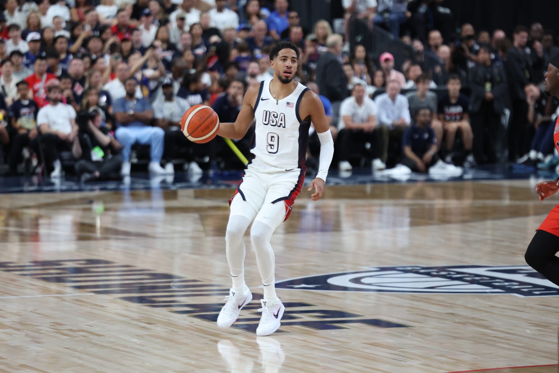 LAS VEGAS, NV - JULY 10: Tyrese Haliburton #9 of the USA Basketball Men's Team. dribbles the ball during the game against the Canada Basketball Men's Team on July 10, 2024 at the T-Mobile Arena in Las Vegas, Nevada. NOTE TO USER: User expressly acknowledges and agrees that, by downloading and/or using this Photograph, user is consenting to the terms and conditions of the Getty Images License Agreement. Mandatory Copyright Notice: Copyright 2024 NBAE (Photo by Mercedes Oliver/NBAE via Getty Images)