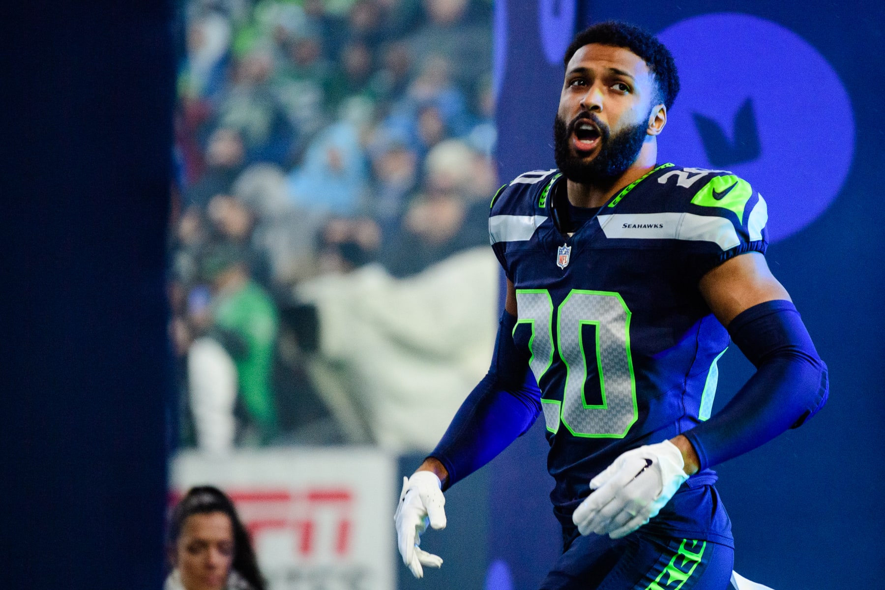 SEATTLE, WASHINGTON - DECEMBER 18: Seattle Seahawks safety Julian Love #20 before the game against the Philadelphia Eagles at Lumen Field on December 18, 2023 in Seattle, Washington. (Photo by Jane Gershovich/Getty Images)