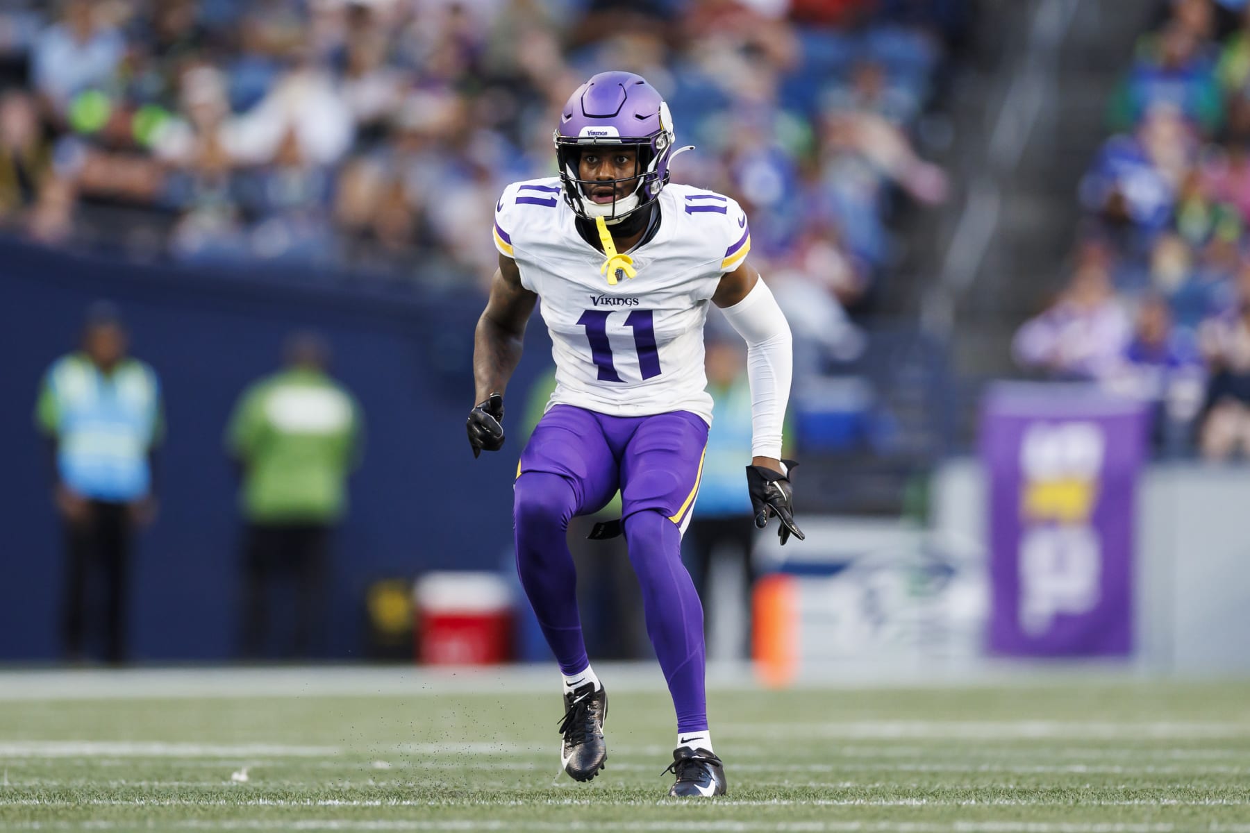 SEATTLE, WASHINGTON - AUGUST 10: Mekhi Blackmon #11 of the Minnesota Vikings defends in coverage during an NFL preseason football game against the Seattle Seahawks at Lumen Field on August 10, 2023 in Seattle, Washington. (Photo by Ryan Kang/Getty Images)