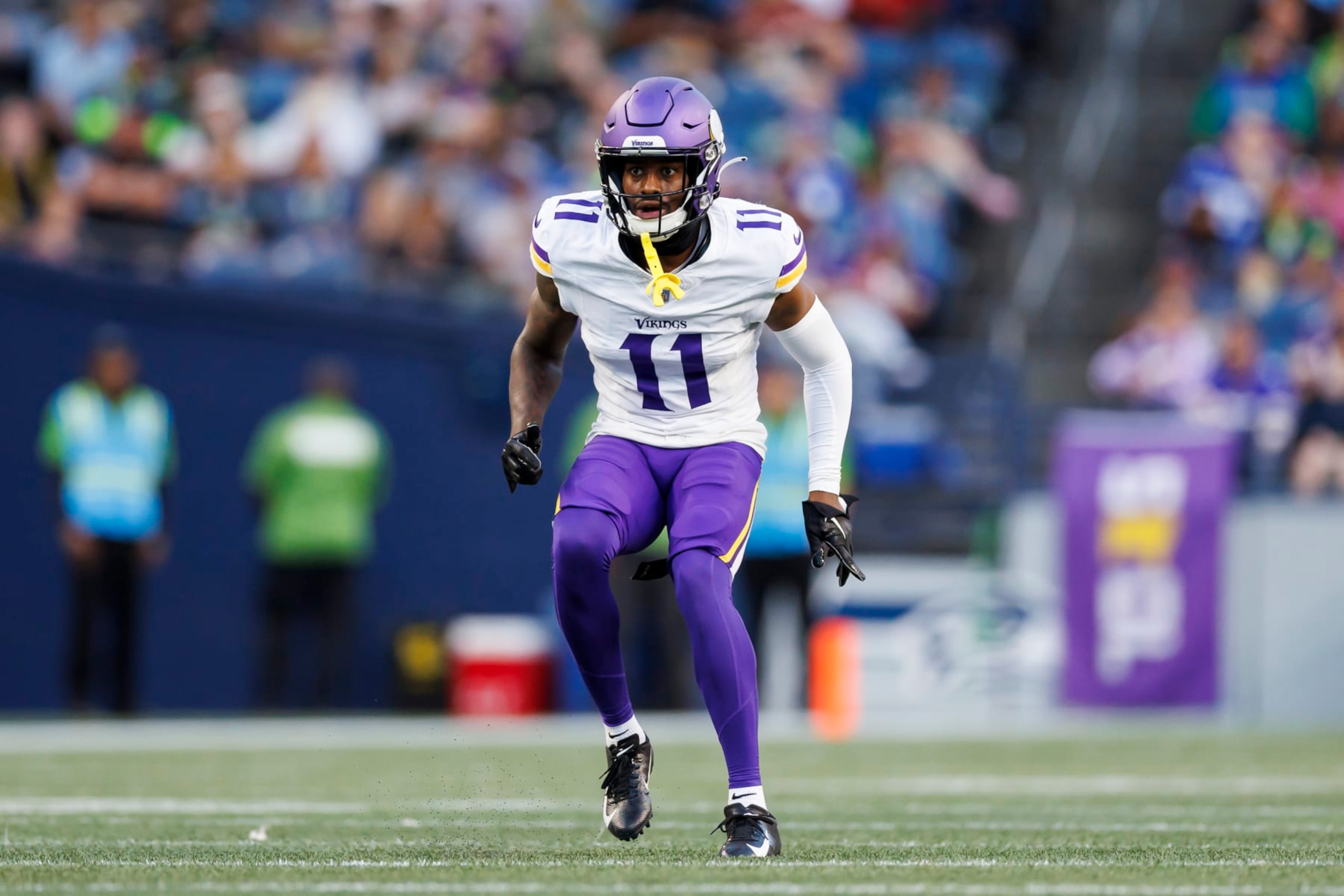 SEATTLE, WASHINGTON - AUGUST 10: Mekhi Blackmon #11 of the Minnesota Vikings defends in coverage during an NFL preseason football game against the Seattle Seahawks at Lumen Field on August 10, 2023 in Seattle, Washington. (Photo by Ryan Kang/Getty Images)
