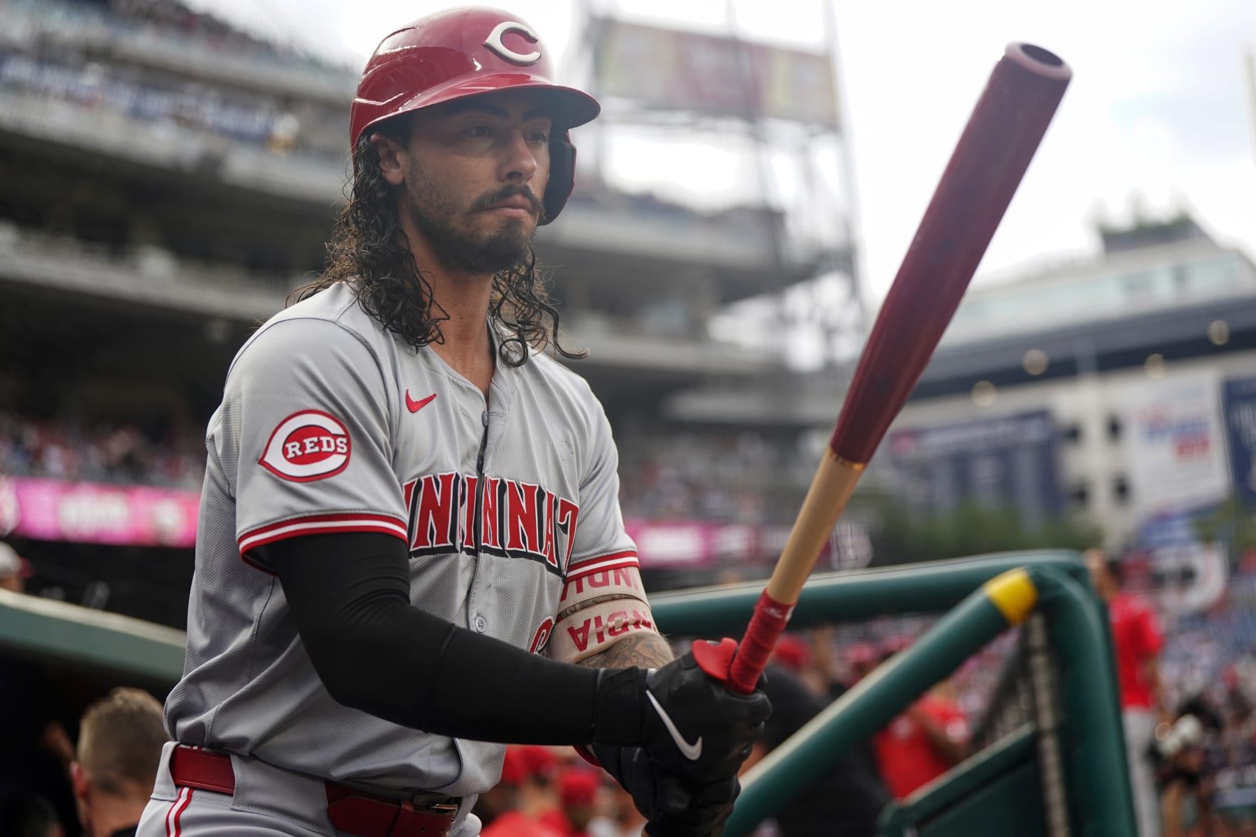 WASHINGTON, DC - JULY 20: Jonathan India #6 of the Cincinnati Reds steps out of the dugout to warm up while on deck to bat against the Washington Nationals during the first inning at Nationals Park on July 20, 2024 in Washington, DC. (Photo by Jess Rapfogel/Getty Images)