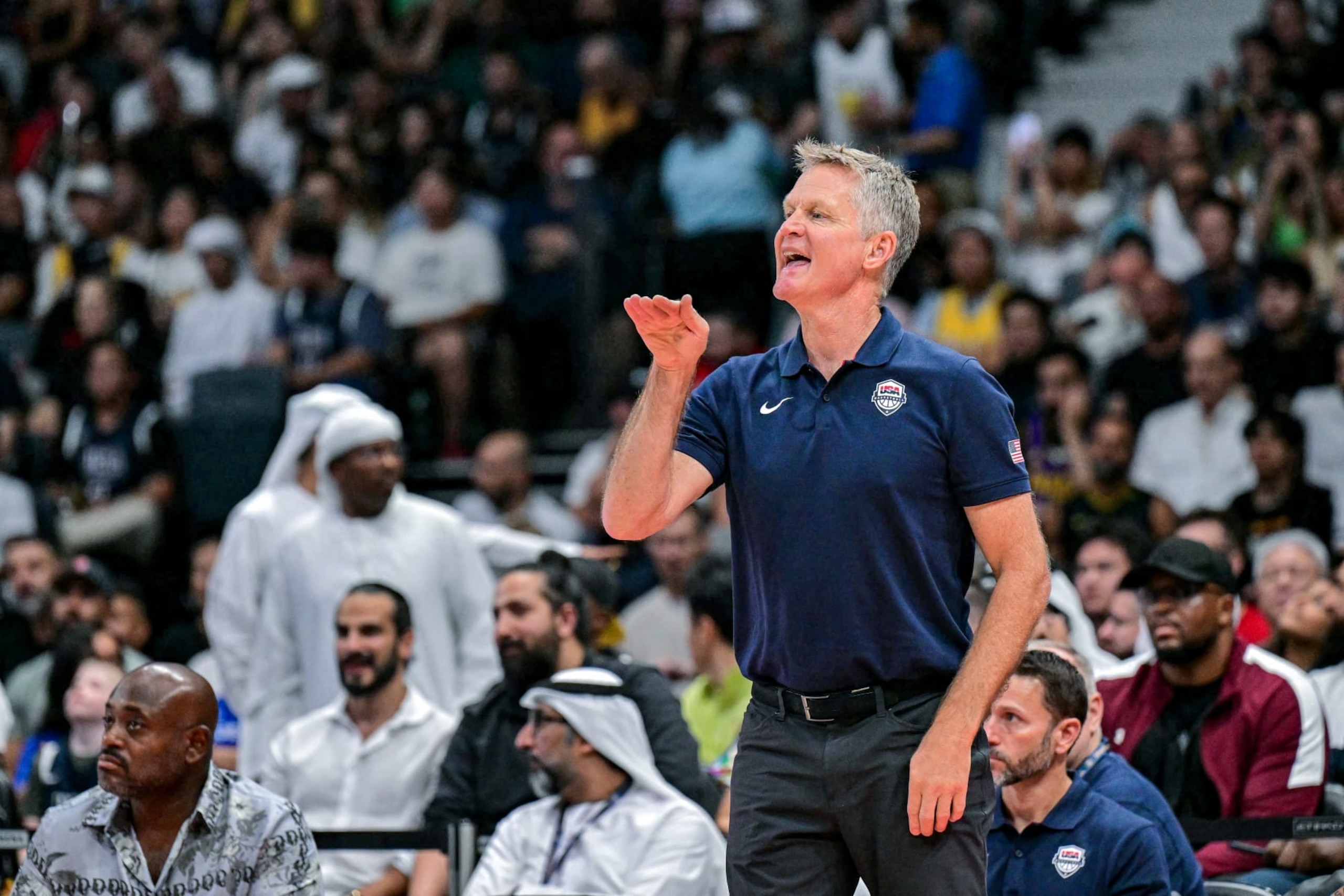 USA's coach Steve Kerr instructs his players during their Basketball Showcase friendly match against Australia at Etihad Arena in Abu Dhabi on July 15, 2024. (Photo by Giuseppe CACACE / AFP) (Photo by GIUSEPPE CACACE/AFP via Getty Images) USA's coach Steve Kerr instructs his players during their Basketball Showcase friendly match against Australia at Etihad Arena in Abu Dhabi on July 15, 2024. (Photo by Giuseppe CACACE / AFP) (Photo by GIUSEPPE CACACE/AFP via Getty Images)