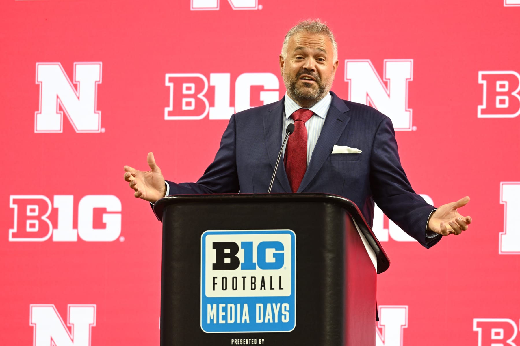 INDIANAPOLIS, IN - JULY 24: Nebraska Cornhuskers Head Coach Matt Rhule speaks during the 2024 Big Ten Media Days on July 24, 2024 at Lucas Oil Stadium in Indianapolis, IN. (Photo by James Black/Icon Sportswire via Getty Images)