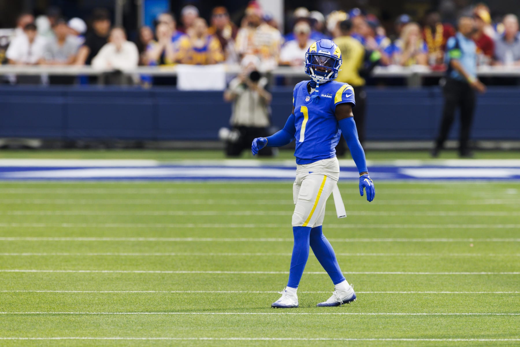 INGLEWOOD, CALIFORNIA - DECEMBER 17: Derion Kendrick #1 of the Los Angeles Rams defends during a game against the Washington Commanders at SoFi Stadium on December 17, 2023 in Inglewood, California. (Photo by Ric Tapia/Getty Images)
