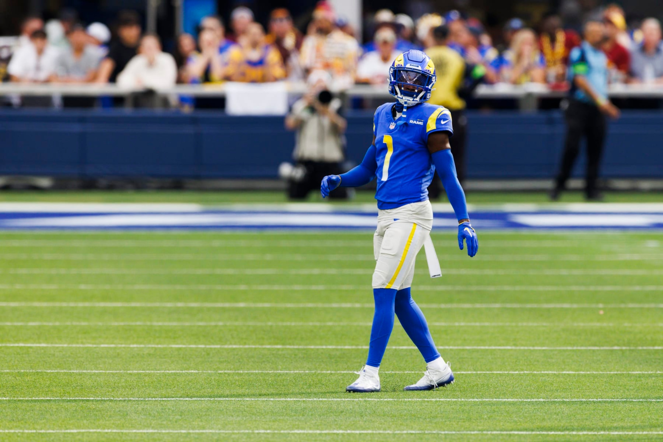 INGLEWOOD, CALIFORNIA - DECEMBER 17: Derion Kendrick #1 of the Los Angeles Rams defends during a game against the Washington Commanders at SoFi Stadium on December 17, 2023 in Inglewood, California. (Photo by Ric Tapia/Getty Images)
