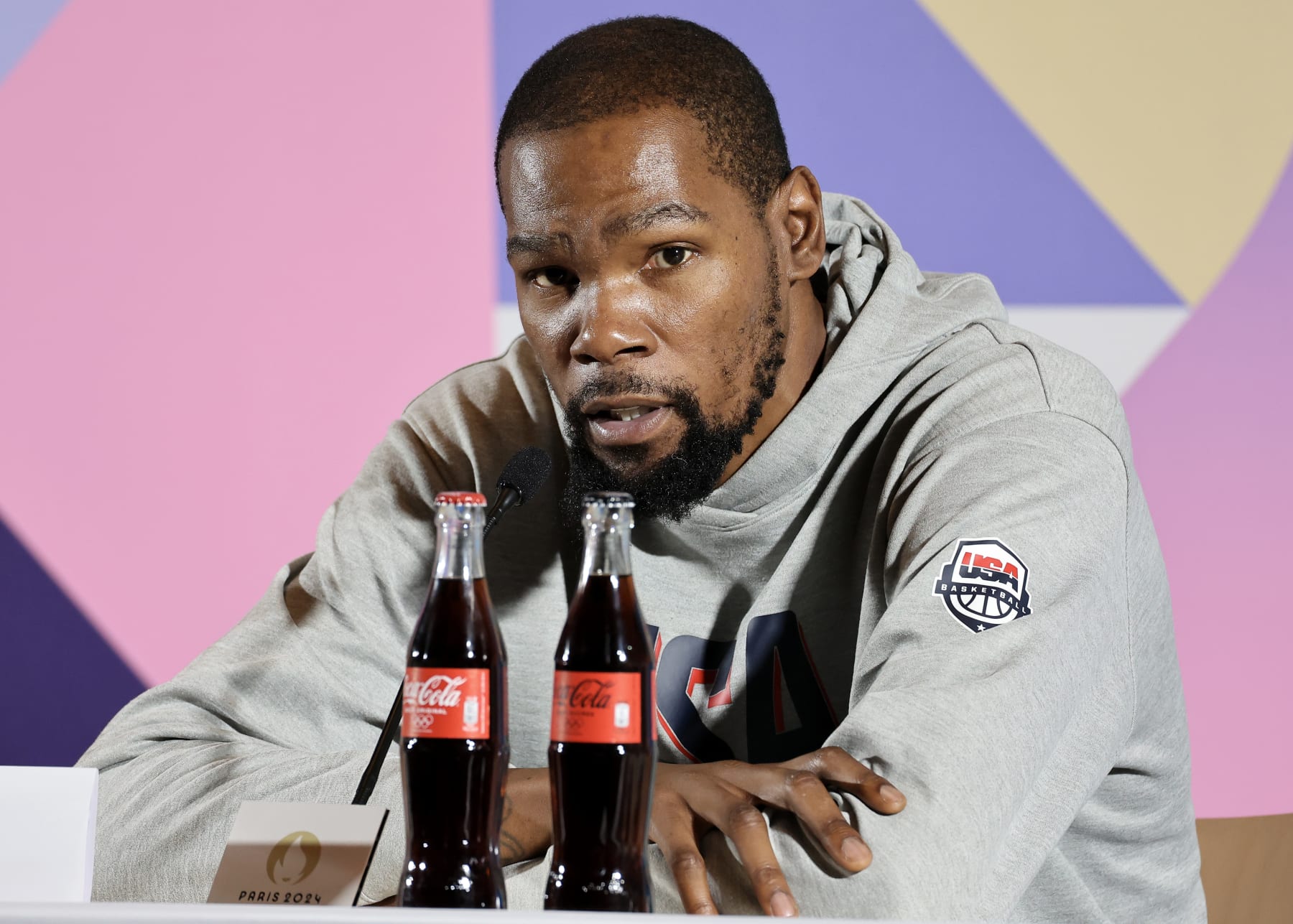 PARIS, FRANCE - JULY 25: Kevin Durant of Team United States speaks to the media during a Team United States Basketball Press Conference at Main Press Centre on July 25, 2024 in Paris, France. (Photo by Arturo Holmes/Getty Images)