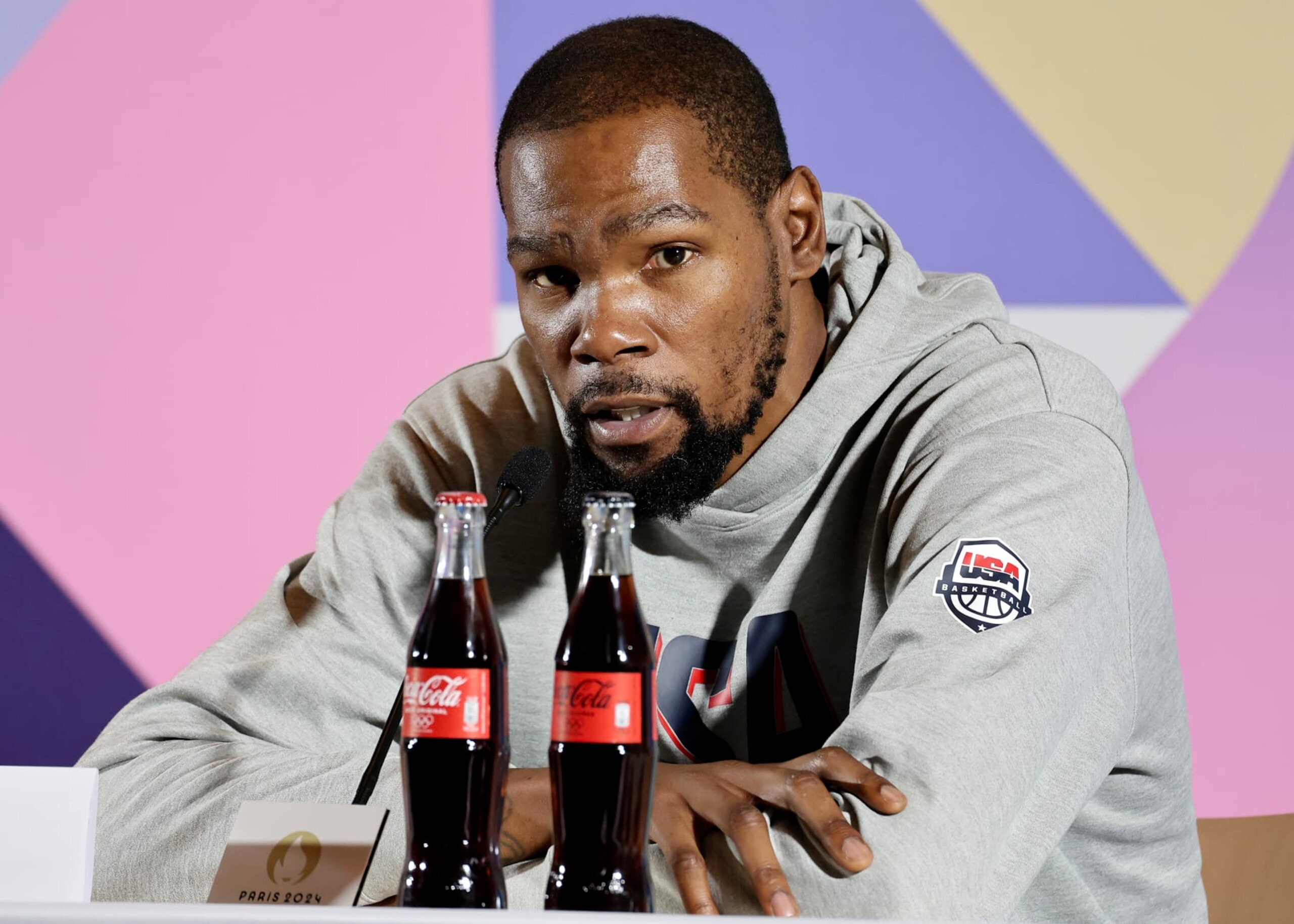 PARIS, FRANCE - JULY 25: Kevin Durant of Team United States speaks to the media during a Team United States Basketball Press Conference at Main Press Centre on July 25, 2024 in Paris, France. (Photo by Arturo Holmes/Getty Images)