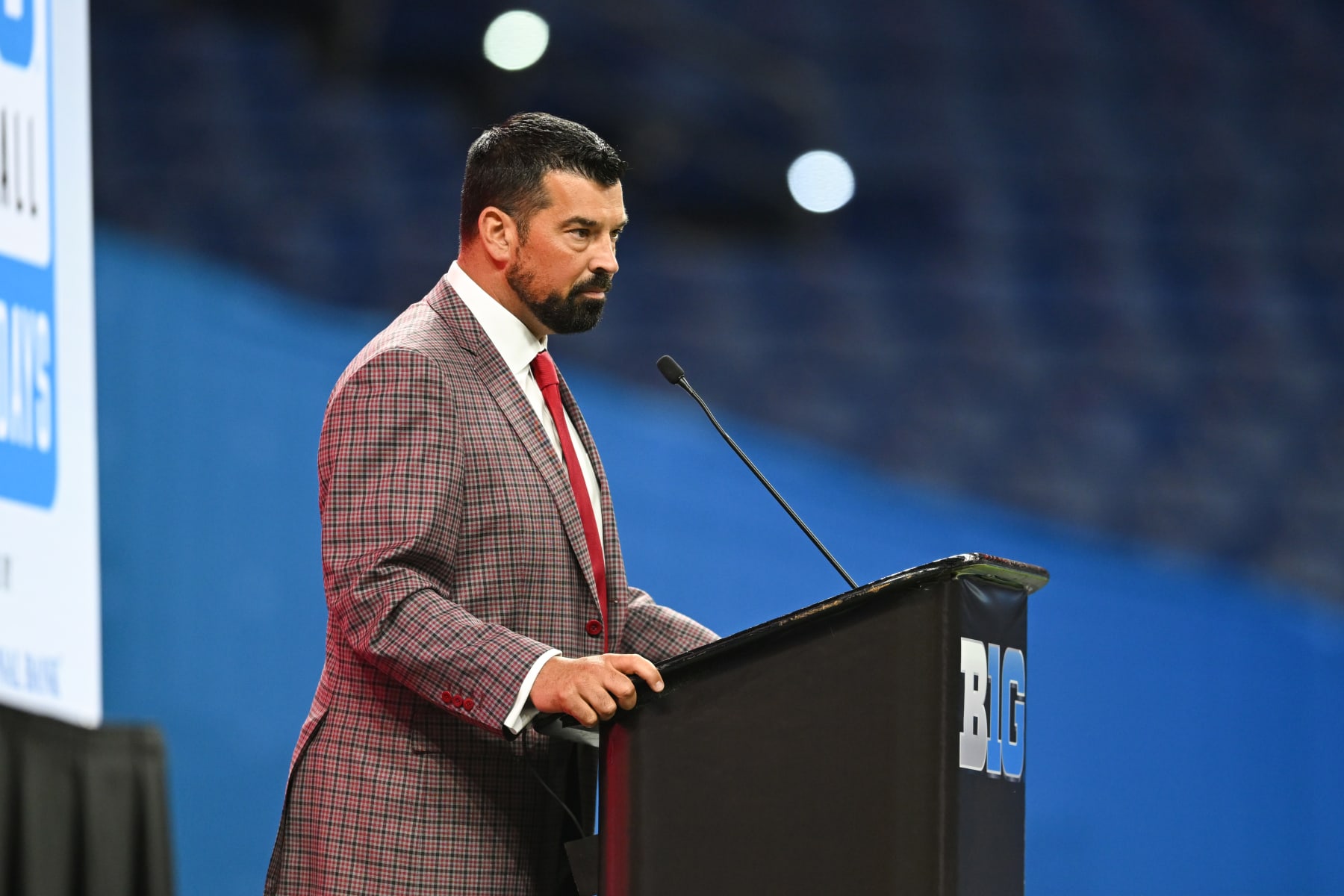 INDIANAPOLIS, IN - JULY 23: Ohio State Buckeyes Head Coach Ryan Day speaks during the 2024 Big Ten Media Days on July 23, 2024 at Lucas Oil Stadium in Indianapolis, IN. (Photo by James Black/Icon Sportswire via Getty Images)