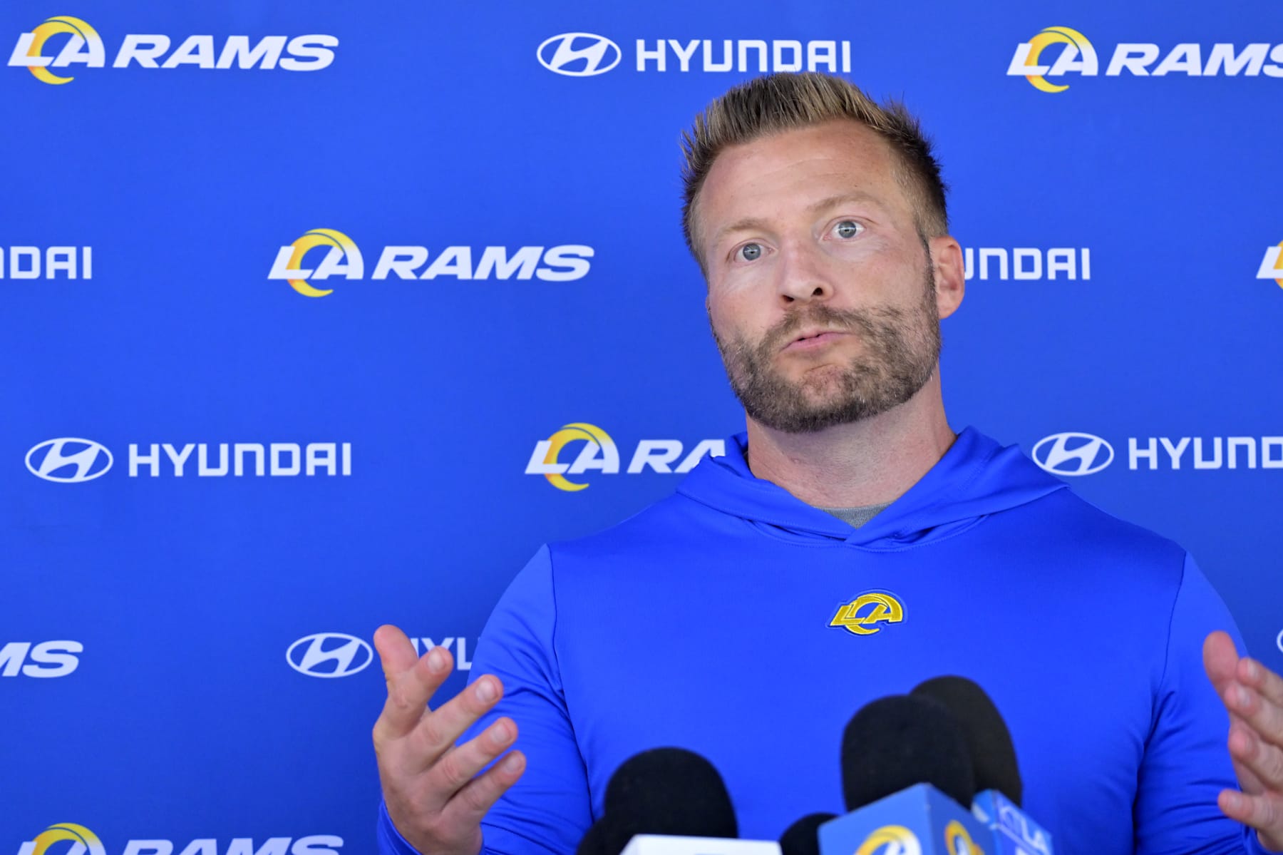 THOUSAND OAKS, CALIFORNIA - MAY 21: Head coach Sean McVay of the Los Angeles Rams talks to the media following OTAs on May 21, 2024 at Cal Lutheran University in Thousand Oaks, California. (Photo by Jayne Kamin-Oncea/Getty Images)
