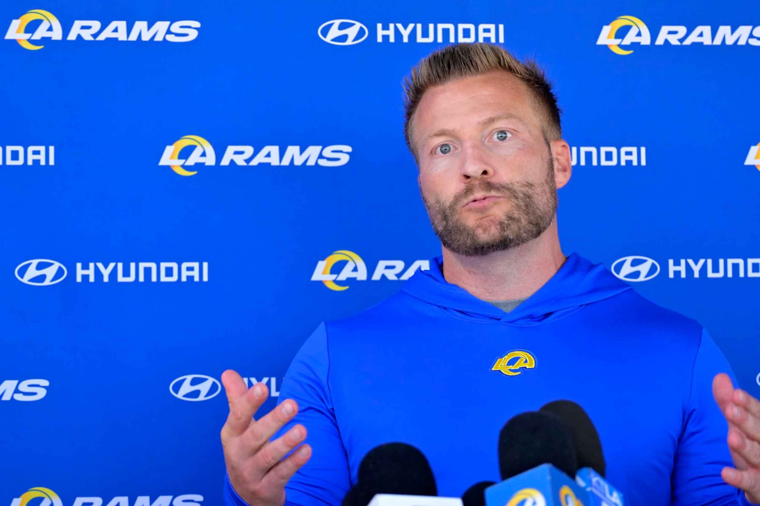 THOUSAND OAKS, CALIFORNIA - MAY 21: Head coach Sean McVay of the Los Angeles Rams talks to the media following OTAs on May 21, 2024 at Cal Lutheran University in Thousand Oaks, California. (Photo by Jayne Kamin-Oncea/Getty Images)