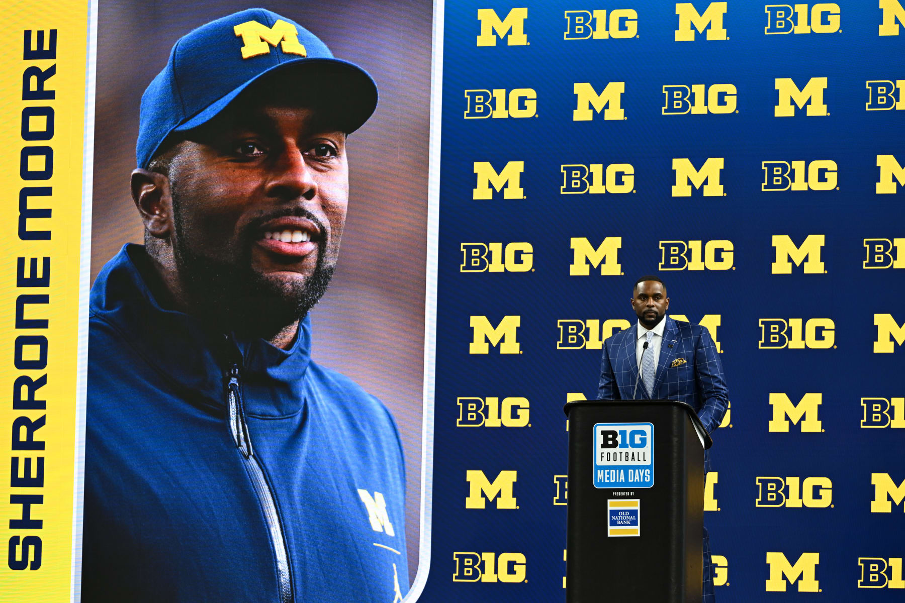 INDIANAPOLIS, IN - JULY 25: Michigan Wolverines Head Coach Sherrone Moore speaks during the 2024 Big Ten Media Days on July 25, 2024 at Lucas Oil Stadium in Indianapolis, IN. (Photo by James Black/Icon Sportswire via Getty Images)