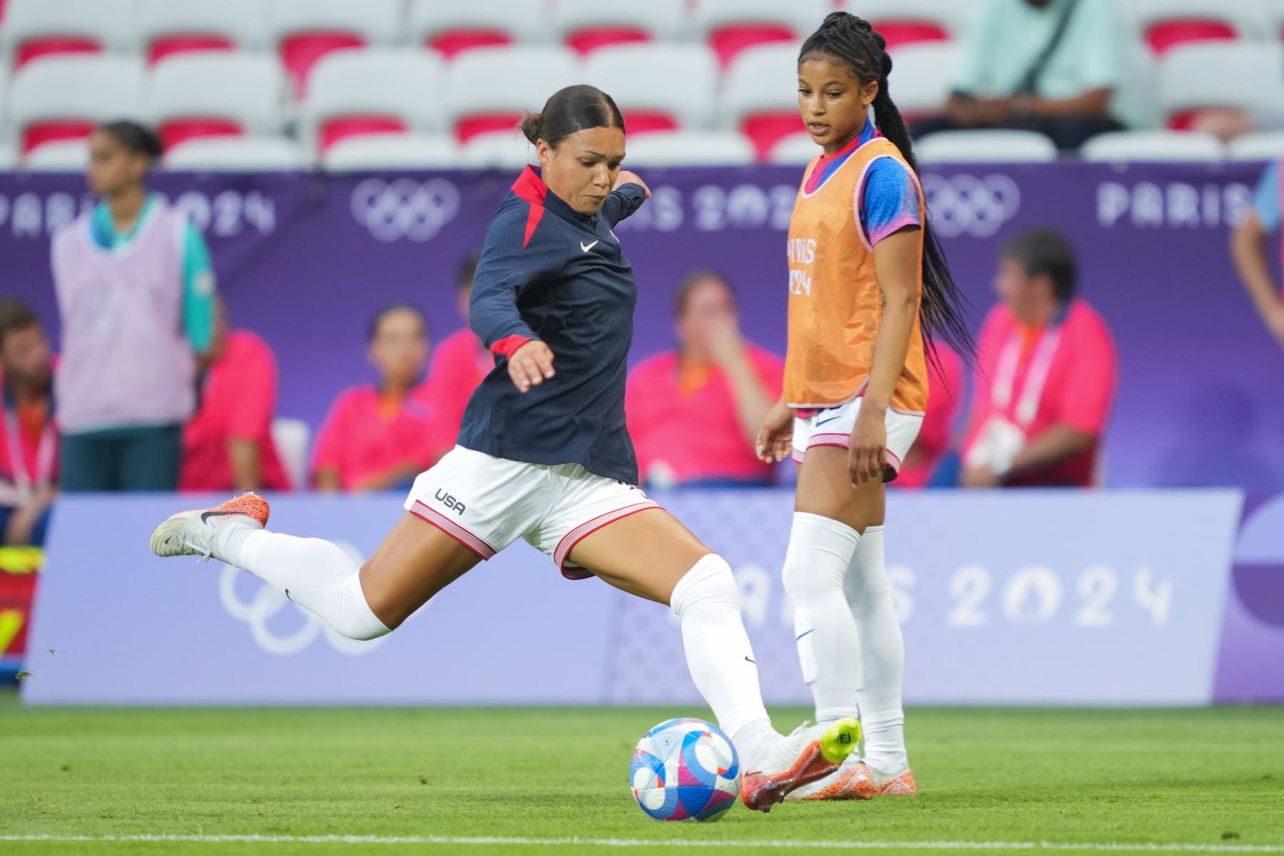 NICE, FRANCE - JULY 25: Sophia Smith #11 of the United States strikes the ball during warmups before the Women's group B match between United States and Zambia during the Olympic Games Paris 2024 at Stade de Nice on July 25, 2024 in Nice, France. (Photo by John Todd/ISI/Getty Images)