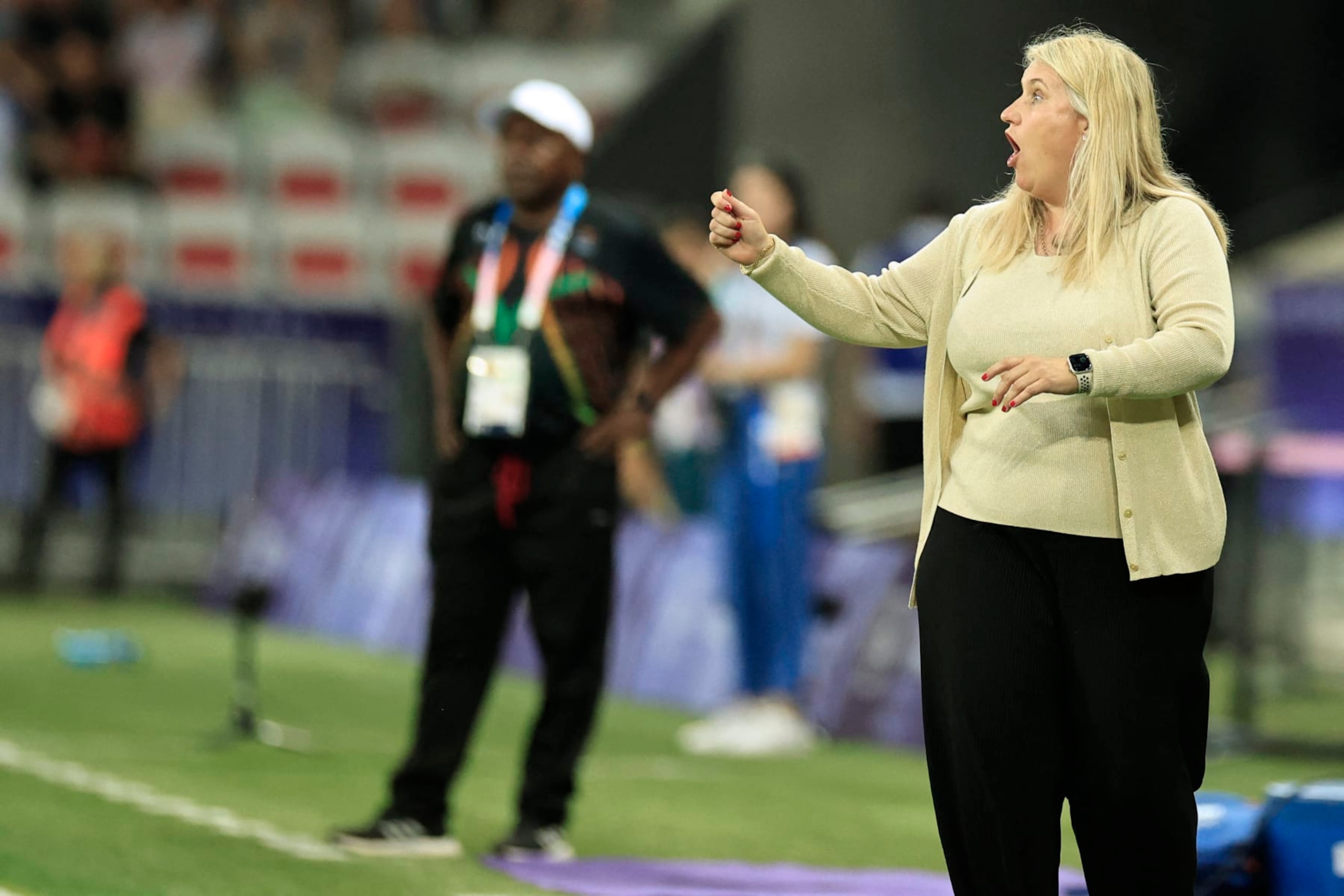 US' English coach Emma Hayes gestures during the women's group A football match between the USA and Zambia during the Paris 2024 Olympic Games at the Nice Stadium in Nice, on July 25, 2024. (Photo by Valery HACHE / AFP) (Photo by VALERY HACHE/AFP via Getty Images) US' English coach Emma Hayes gestures during the women's group A football match between the USA and Zambia during the Paris 2024 Olympic Games at the Nice Stadium in Nice, on July 25, 2024. (Photo by Valery HACHE / AFP) (Photo by VALERY HACHE/AFP via Getty Images)