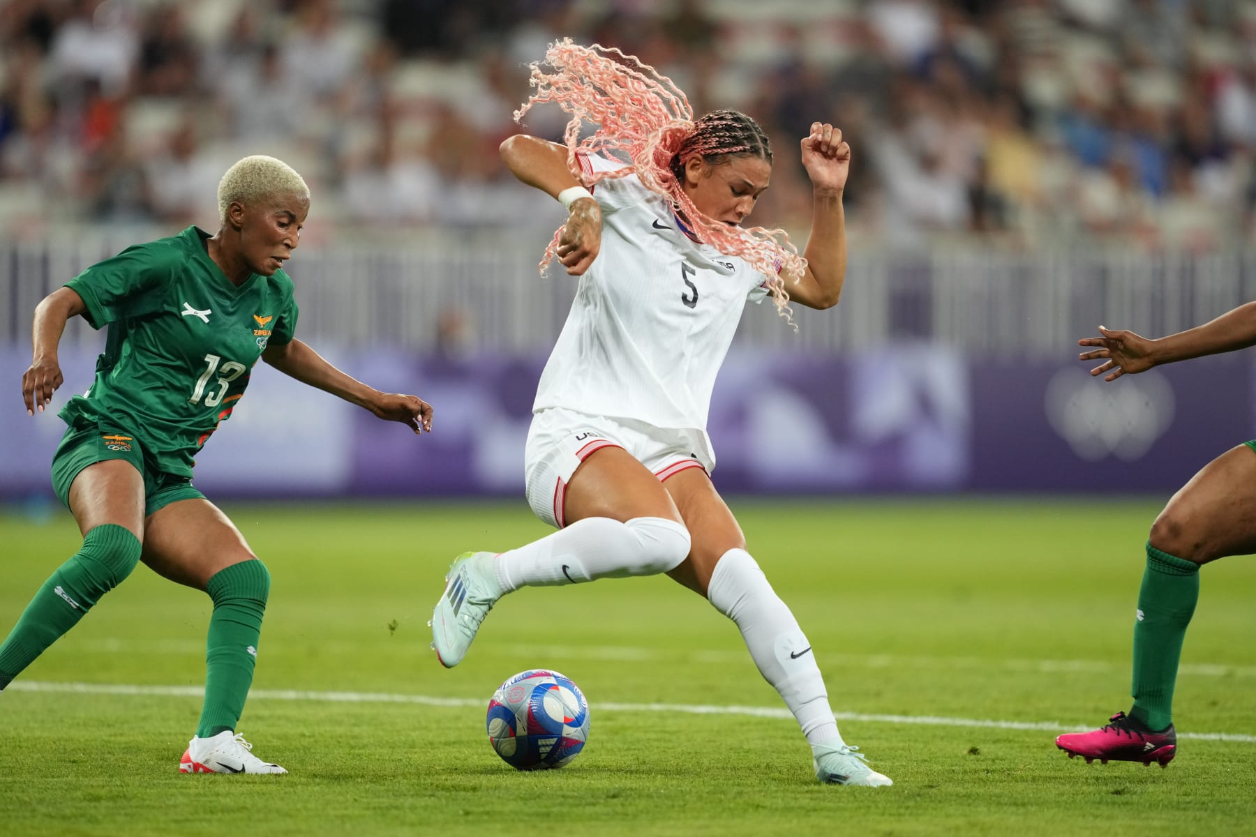 NICE, FRANCE - JULY 25: Trinity Rodman #5 of the United States on the ball during the first half of the Women's group B match between United States and Zambia during the Olympic Games Paris 2024 at Stade de Nice on July 25, 2024 in Nice, France. (Photo by Brad Smith/ISI/Getty Images)