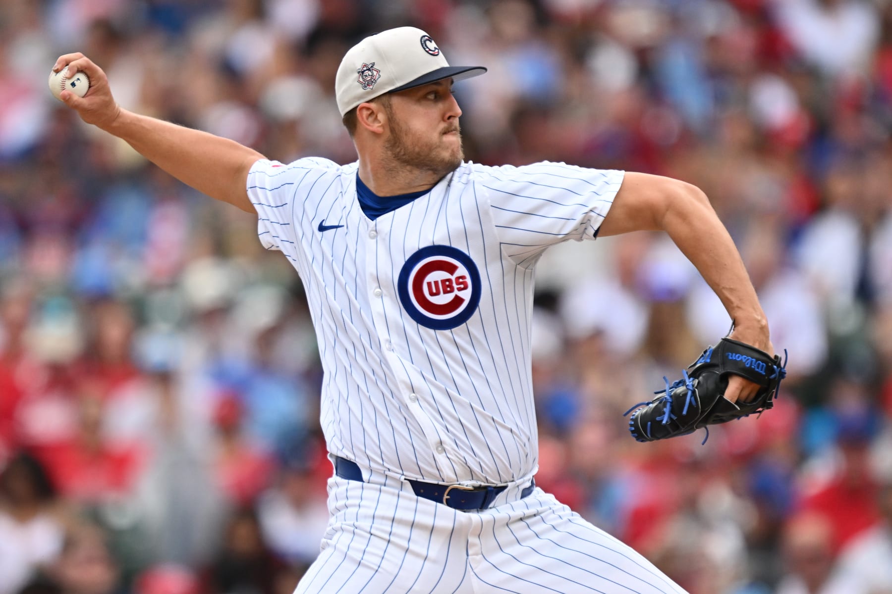 CHICAGO, IL - JULY 04:  Jameson Taillon #50 of the Chicago Cubs pitches in the first inning against the Philadelphia Phillies at Wrigley Field on July 04, 2024 in Chicago, Illinois.  (Photo by Jamie Sabau/Getty Images)