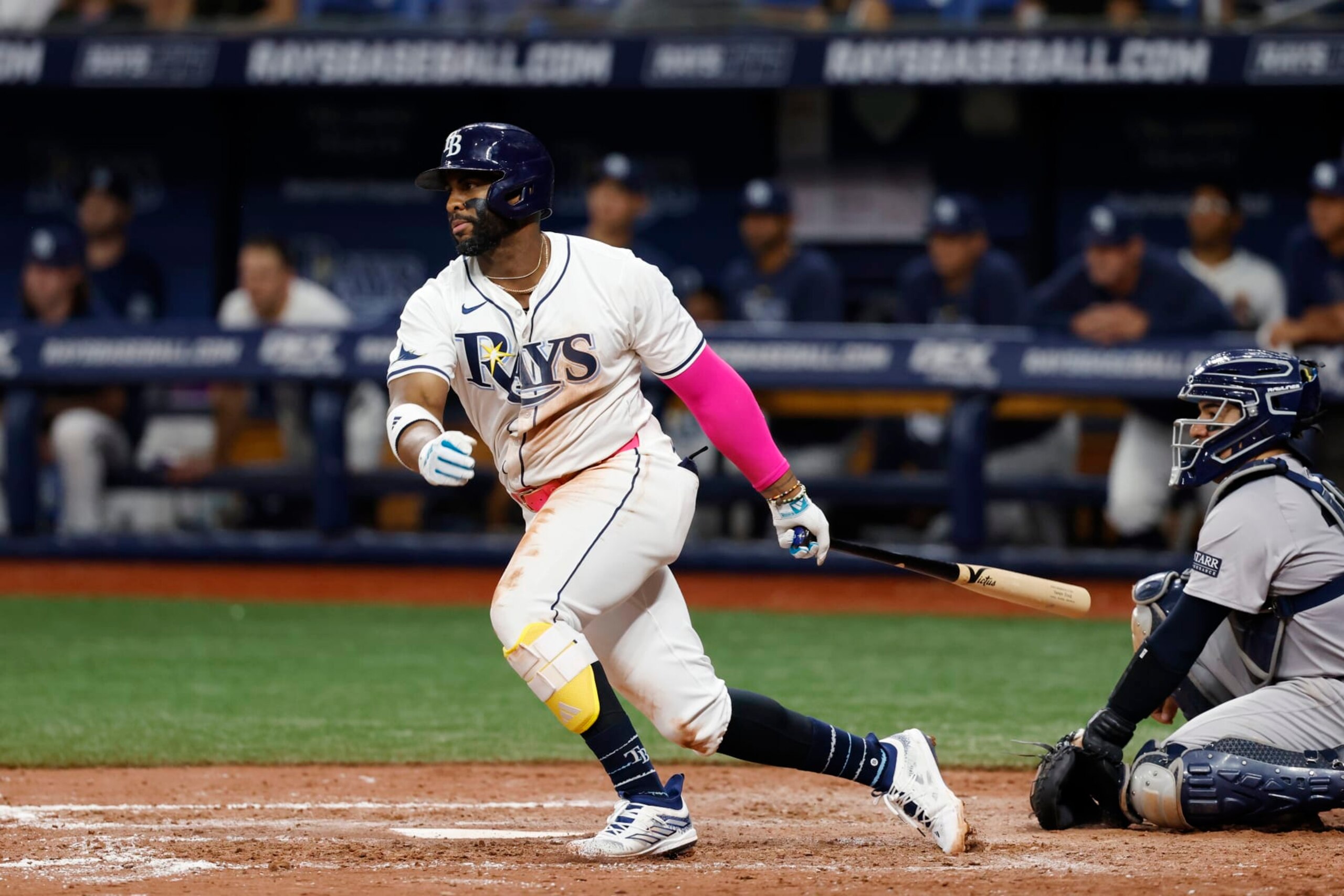 ST. PETERSBURG, FL - JULY 10: Tampa Bay Rays first baseman Yandy Diaz (2) bats during an MLB game against the New York Yankees on July 10, 2024 at Tropicana Field in St. Petersburg, Florida. (Photo by Joe Robbins/Icon Sportswire via Getty Images)