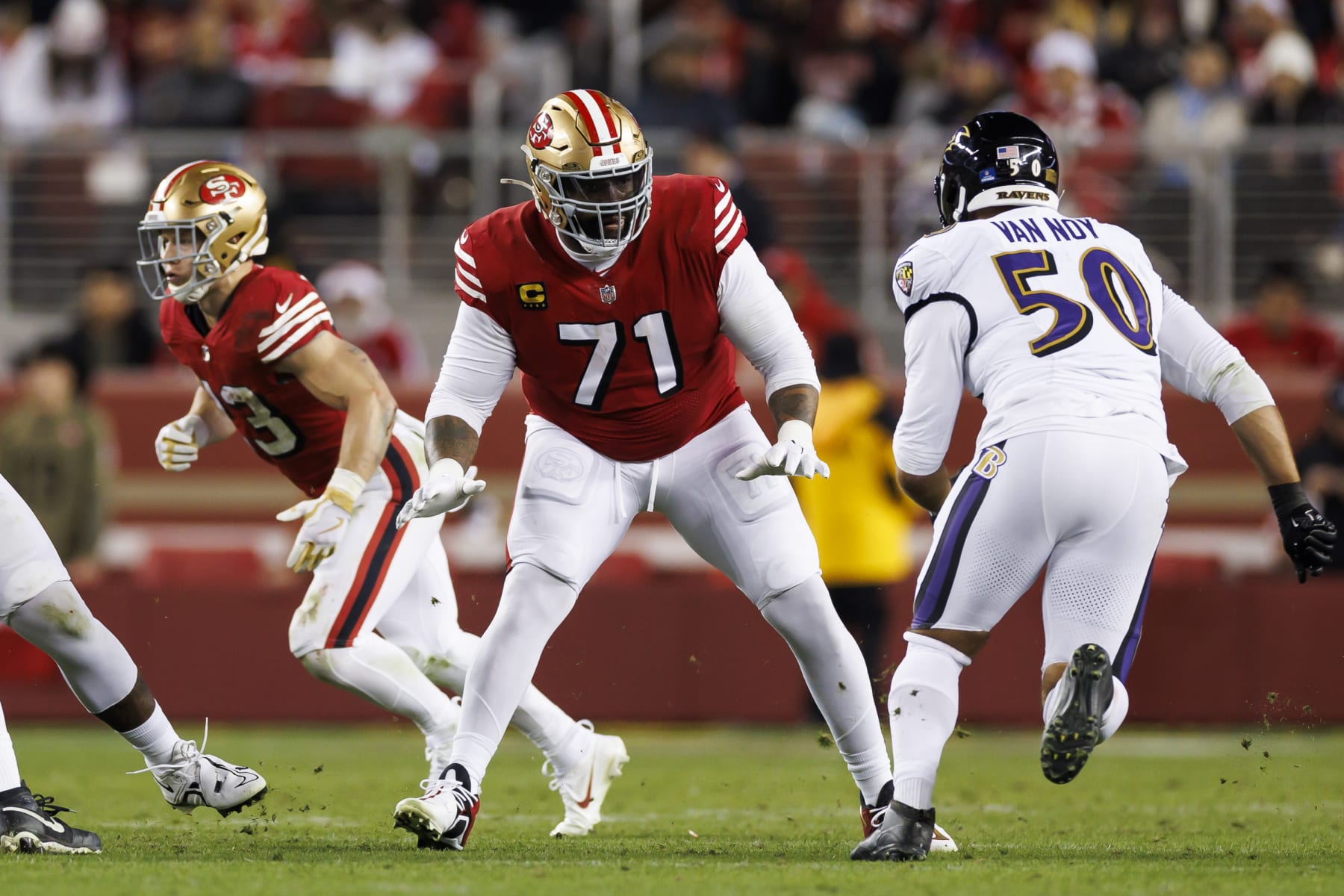 SANTA CLARA, CALIFORNIA - DECEMBER 25: Trent Williams #71 of the San Francisco 49ers blocks during an NFL football game against the Baltimore Ravens at Levi's Stadium on December 25, 2023 in Santa Clara, California. (Photo by Ryan Kang/Getty Images)