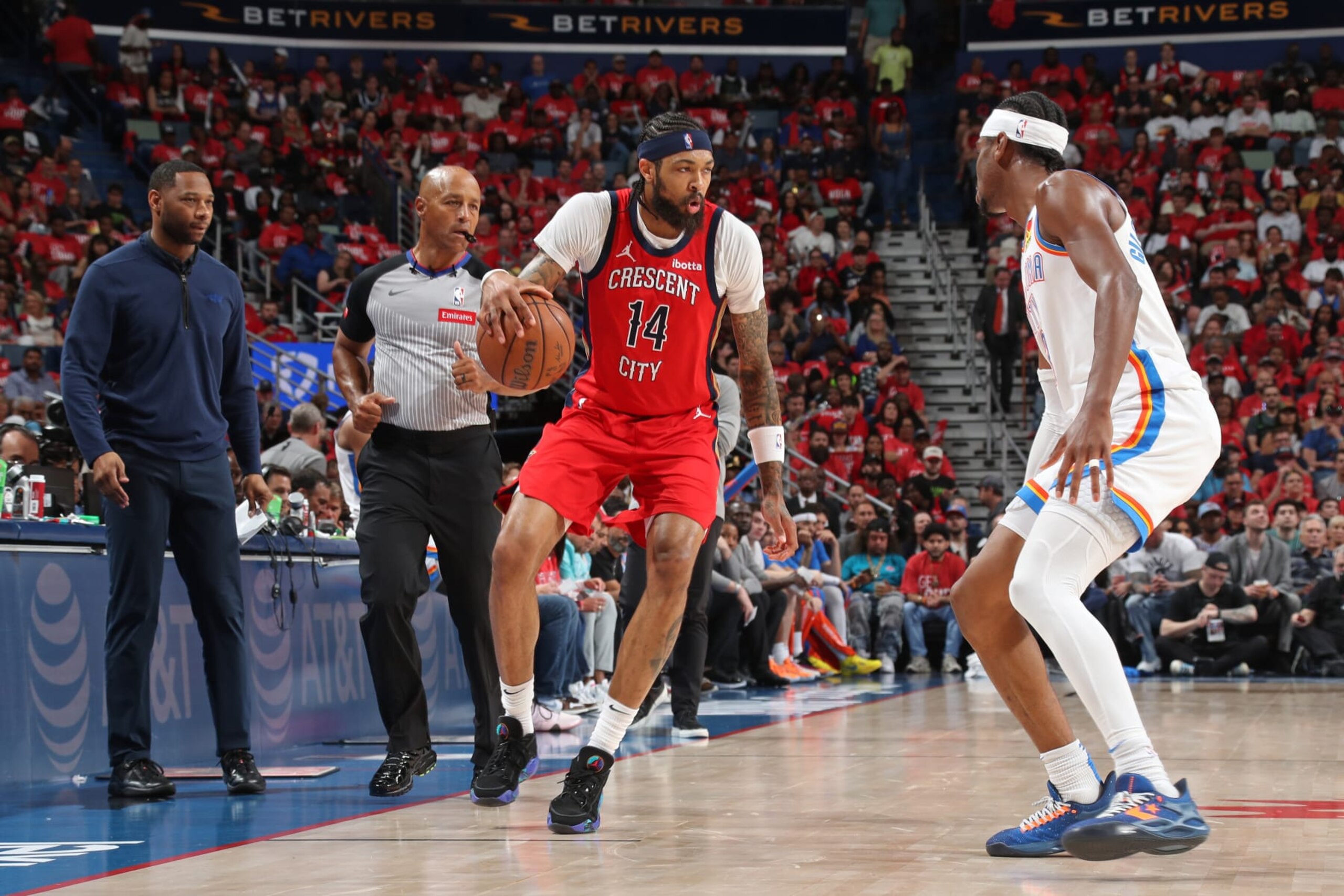 NEW ORLEANS, LA - APRIL 27: Brandon Ingram #14 of the New Orleans Pelicans handles the ball during the game against the Oklahoma City Thunder during Round 1 Game 3 of the 2024 NBA Playoffs on April 27, 2024 at the Smoothie King Center in New Orleans, Louisiana. NOTE TO USER: User expressly acknowledges and agrees that, by downloading and or using this Photograph, user is consenting to the terms and conditions of the Getty Images License Agreement. Mandatory Copyright Notice: Copyright 2024 NBAE (Photo by Layne Murdoch Jr./NBAE via Getty Images)