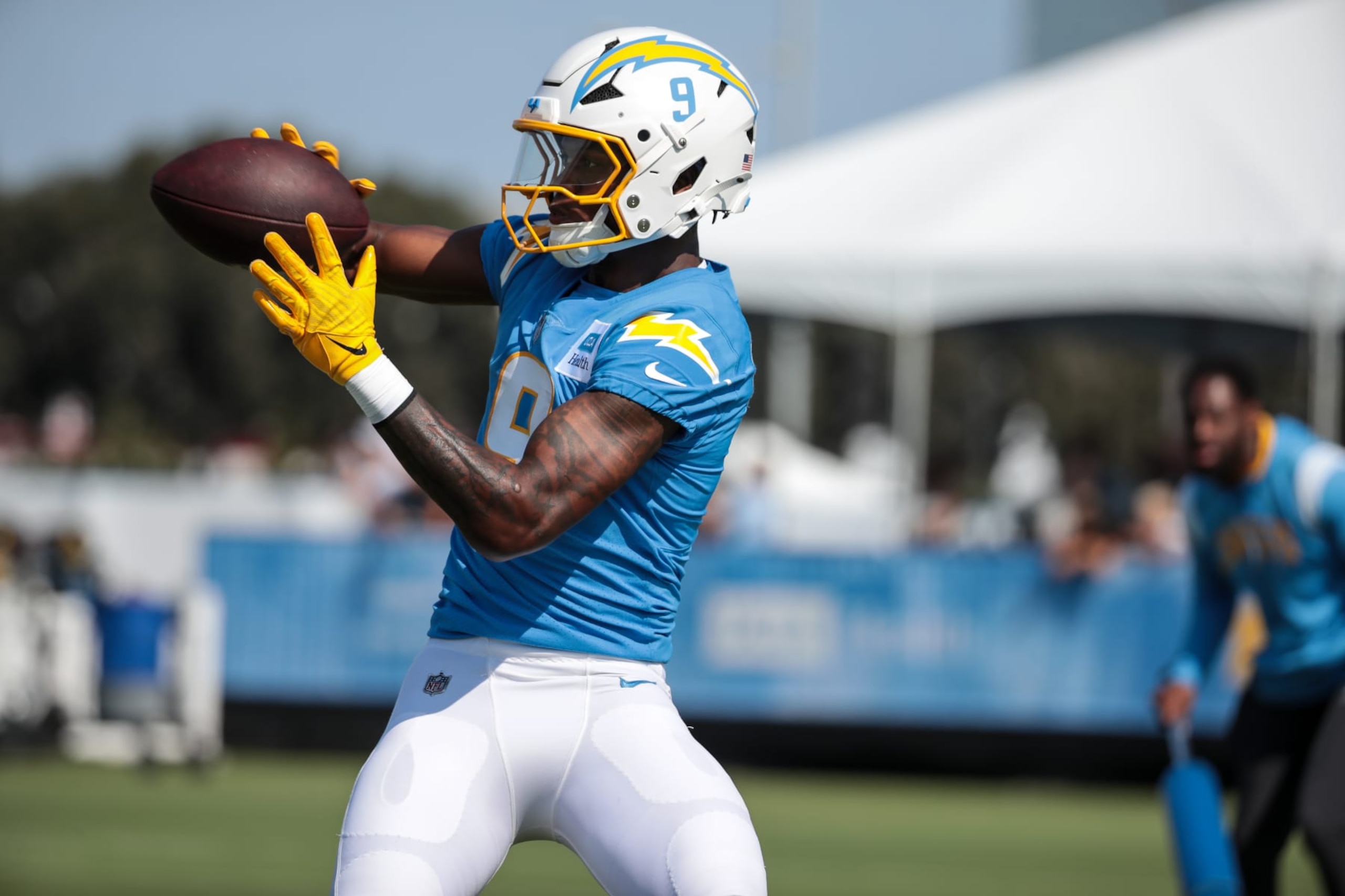 EL SEGUNDO, CA - JULY 24: Los Angeles Chargers wide receiver DJ Chark Jr. (9) during the Los Angeles Chargers Training Camp on July 24, 2024, at The Bolt in El Segundo, CA. (Photo by Jevone Moore/Icon Sportswire via Getty Images) EL SEGUNDO, CA - JULY 24: Los Angeles Chargers wide receiver DJ Chark Jr. (9) during the Los Angeles Chargers Training Camp on July 24, 2024, at The Bolt in El Segundo, CA. (Photo by Jevone Moore/Icon Sportswire via Getty Images)