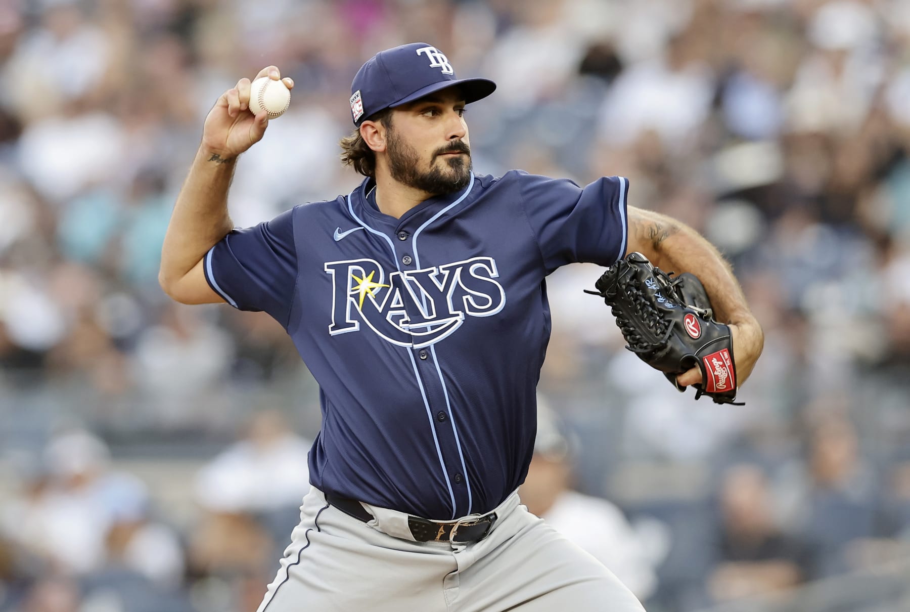 NEW YORK, NEW YORK - JULY 19:  Zach Eflin #24 of the Tampa Bay Rays pitches during the first inning against the New York Yankees at Yankee Stadium on July 19, 2024 in New York City. (Photo by Jim McIsaac/Getty Images)
