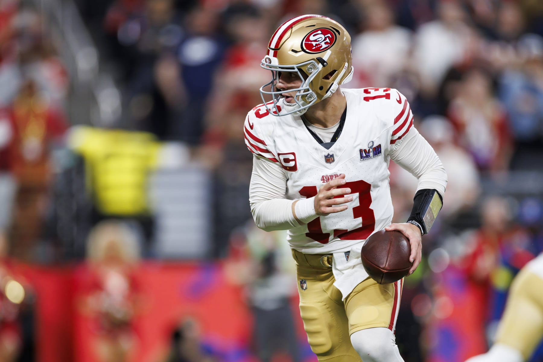 LAS VEGAS, NEVADA - FEBRUARY 11: Brock Purdy #13 of the San Francisco 49ers takes the snap during Super Bowl LVIII against the Kansas City Chiefs at Allegiant Stadium on February 11, 2024 in Las Vegas, Nevada. (Photo by Ryan Kang/Getty Images)