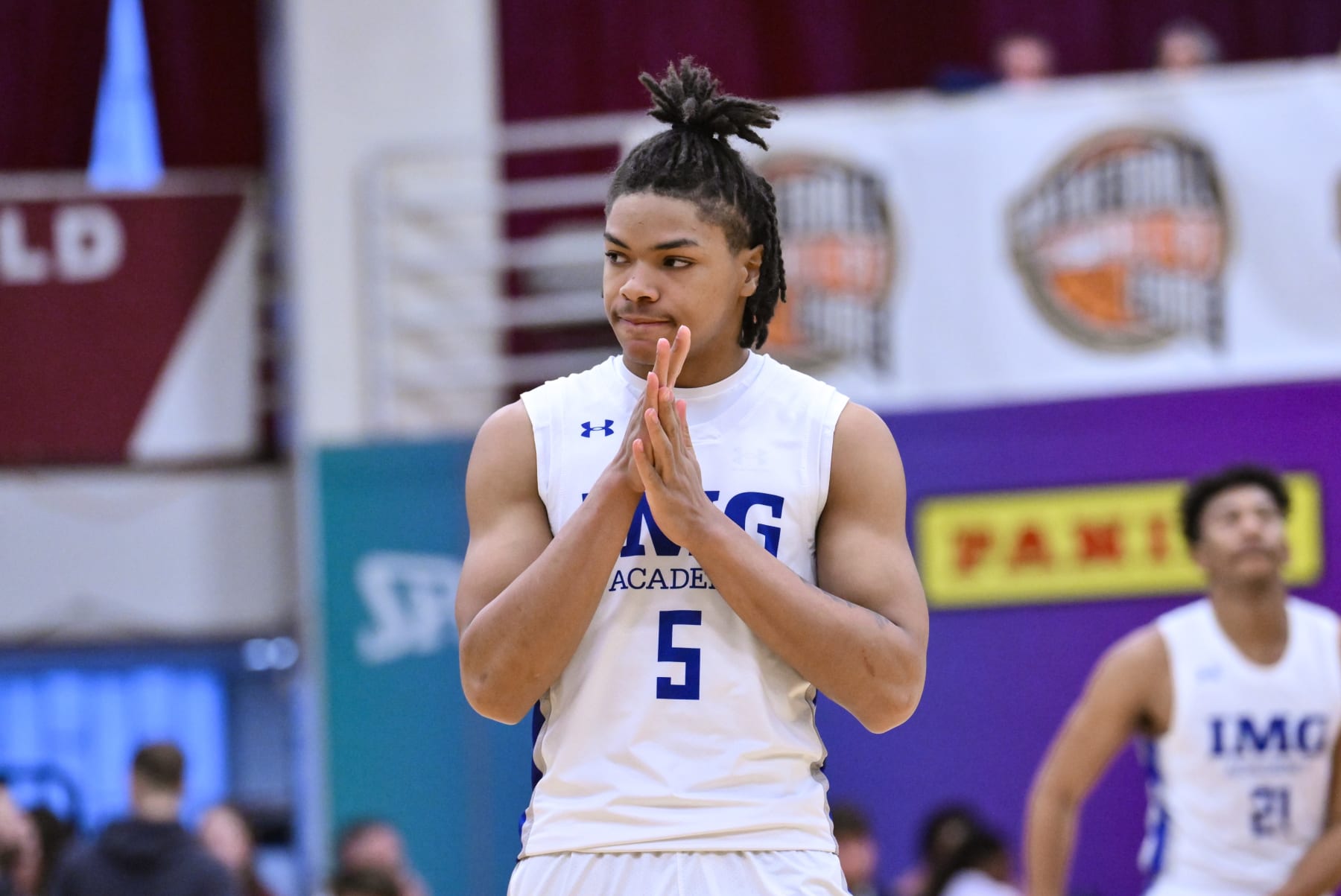 SPRINGFIELD, MA - JANUARY 14: Darius Acuff Jr. of IMG (5) during the first half of the Spalding Hoophall Classic high school basketball game between Sunrise Christian Academy and IMG Academy on January 14, 2024 at Blake Arena in Springfield, MA (Photo by John Jones/Icon Sportswire via Getty Images)